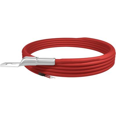 Rot ummanteltes Kabel mit Metallanschluss, geeignet für elektrische Verbindungen.