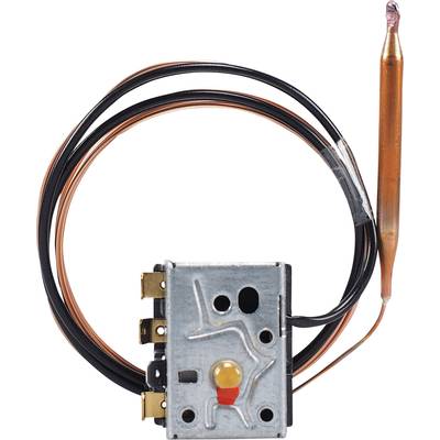 Ein Temperaturregler mit Kupfersensor und Kabel, typisch für Heizungs- und Kühlsysteme, zeigt seine Hauptelemente zur Steuerung.