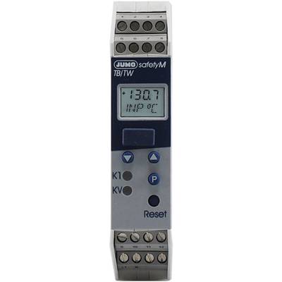 Ein elektronisches Temperaturüberwachungsgerät zeigt '130.7 INP °C' auf dem Display an, Markenname 'JUMO safetyM' oben sichtbar.