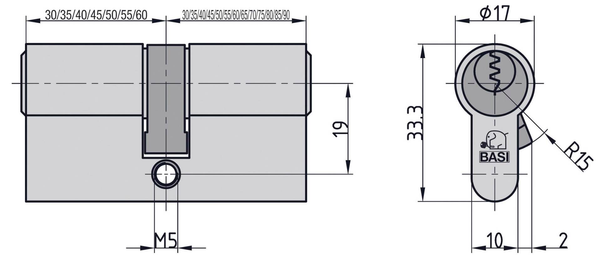 Technische Zeichnung eines BASI-Schließzylinders zeigt Abmessungen: Längenvarianten 30-60mm, Breite 33,3mm, Durchmesser 17mm, mit M5-Gewinde.