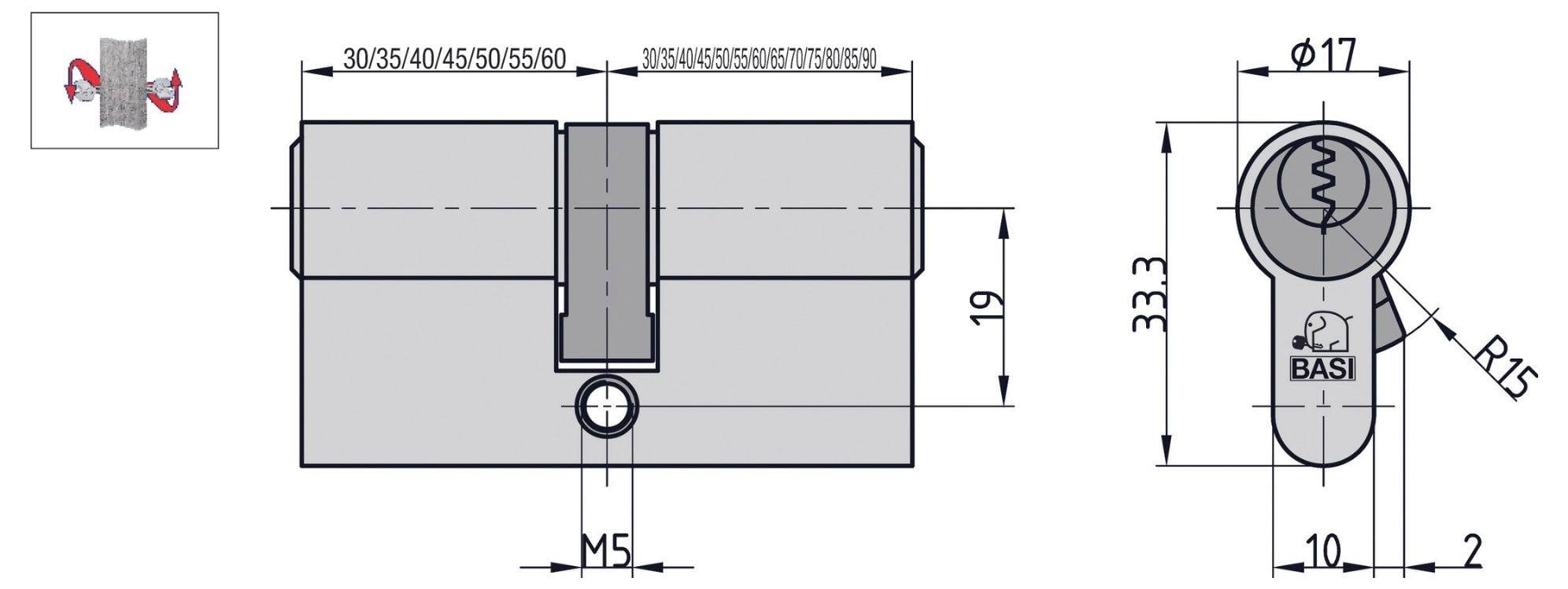 'BASI Euro-Zylinderschloss-Diagramm.' Zeigt Schlossdimensionen: Breitenbereich 30-50mm, Höhe 33,3mm und Durchmesser 17mm, mit einem Schlüsselloch.