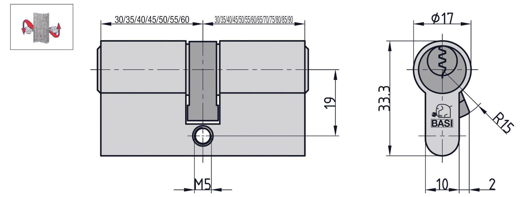 „Technische Zeichnung eines Zylinderschlosses mit Maßangaben. Die Schlosshöhe beträgt 33,3 mm, mit einem Zylinderdurchmesser von 17 mm. Die Bezeichnung lautet „BASI"."