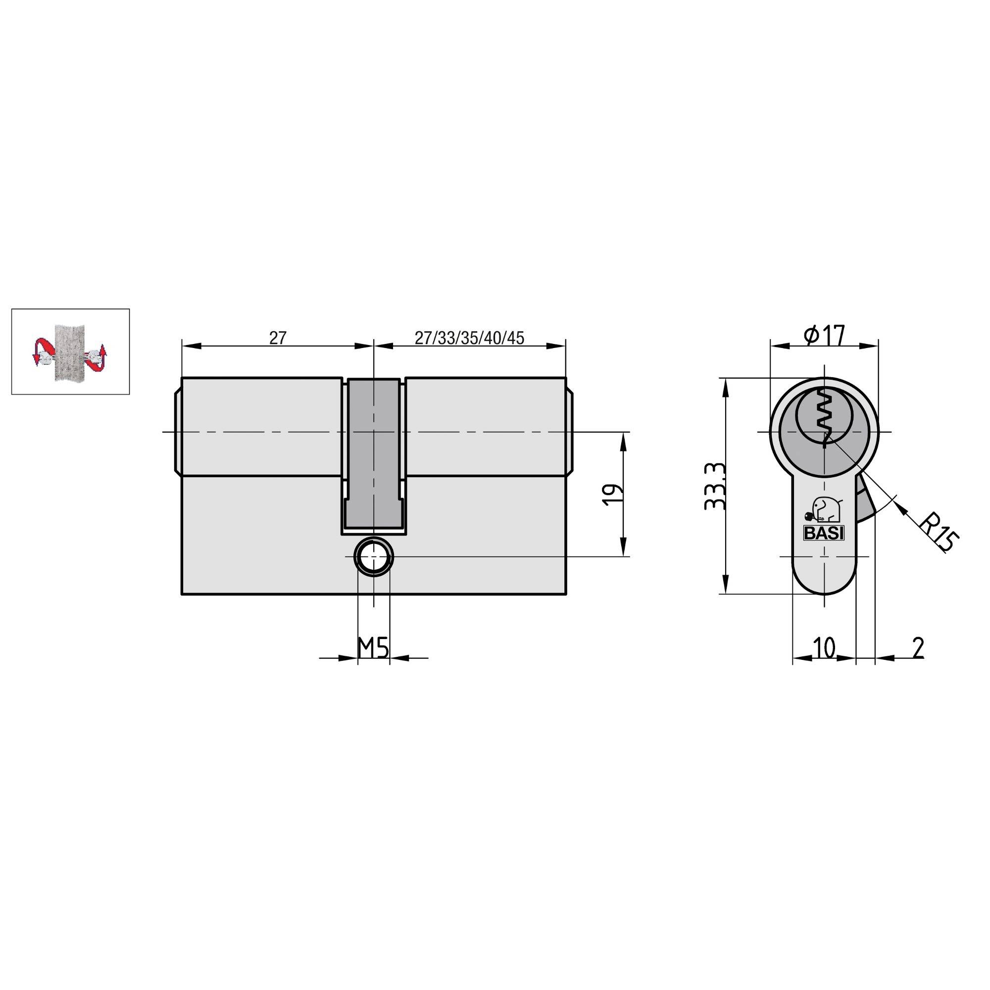 Technische Zeichnung eines Doppelzylinderschlosses mit Bemaßungen: Breite 27-45 mm, Höhe 33 mm, Durchmesser 17 mm. Bemaßung für Einbau und Schlüsselprofil.