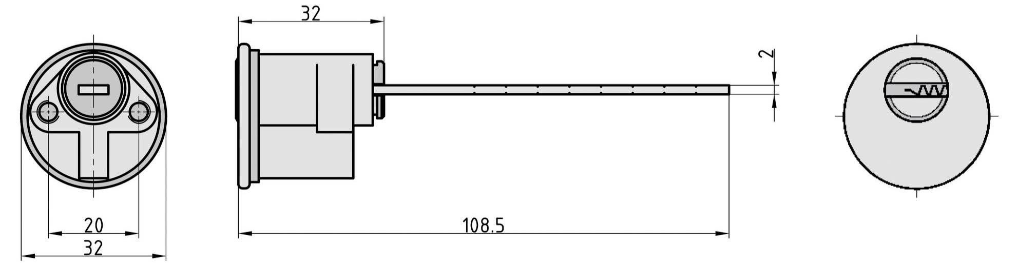 Technische Zeichnung eines zylindrischen Bauteils mit Vorder- und Seitenansicht, zeigt Abmessungen: Frontdurchmesser 32 mm, Seitenlänge 108,5 mm.