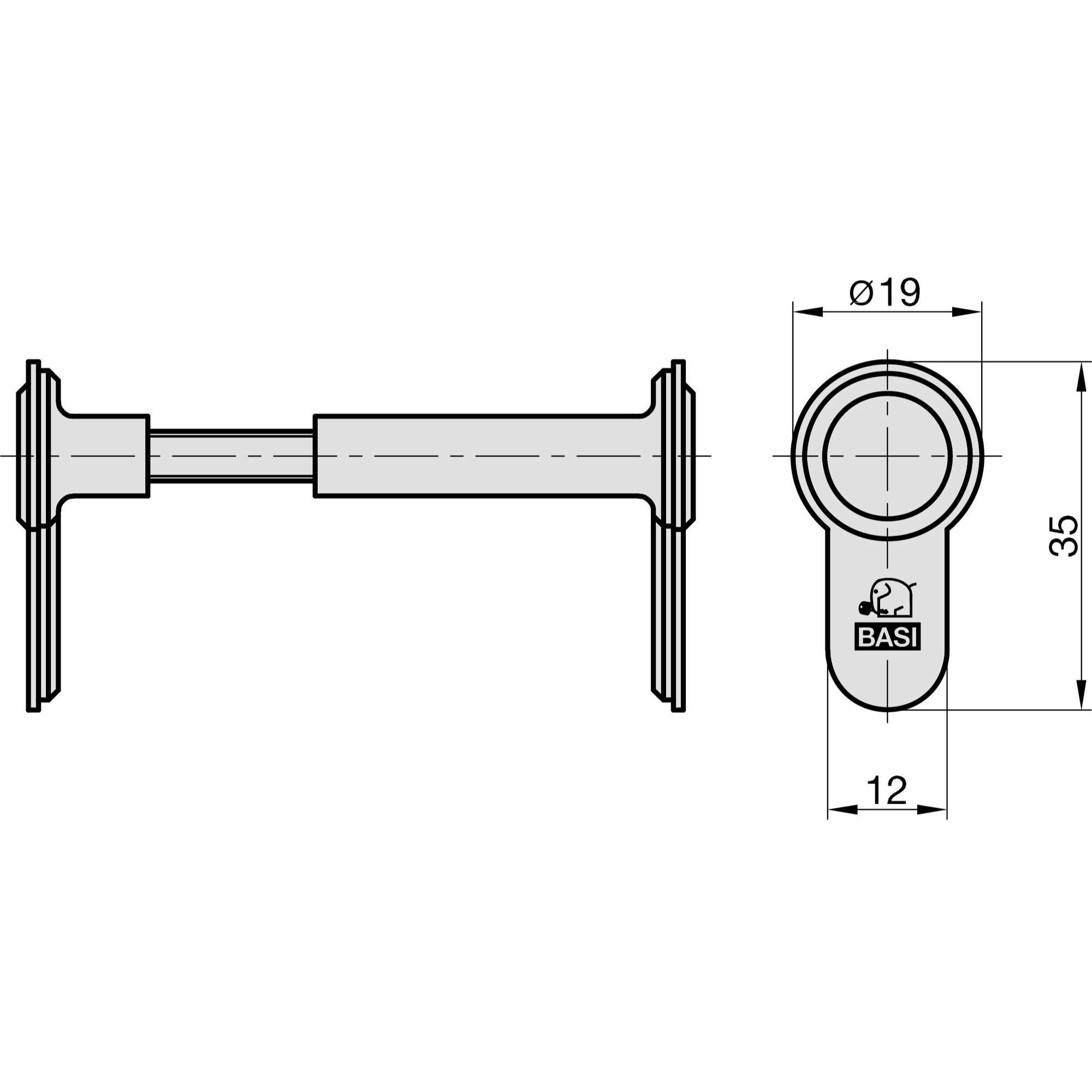 Technische Zeichnung eines Schließzylinders mit Maßen: Durchmesser 19 mm, Länge 35 mm, Logo und Text 'BASI'.