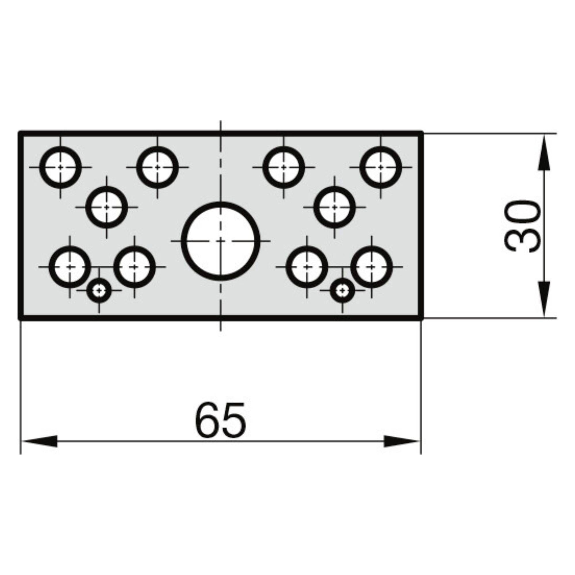 Abbildung einer technischen Zeichnung: Rechteckige Metallplatte, 65 mm breit, 30 mm hoch, mit mehreren kreisförmigen Löchern unterschiedlicher Größe.