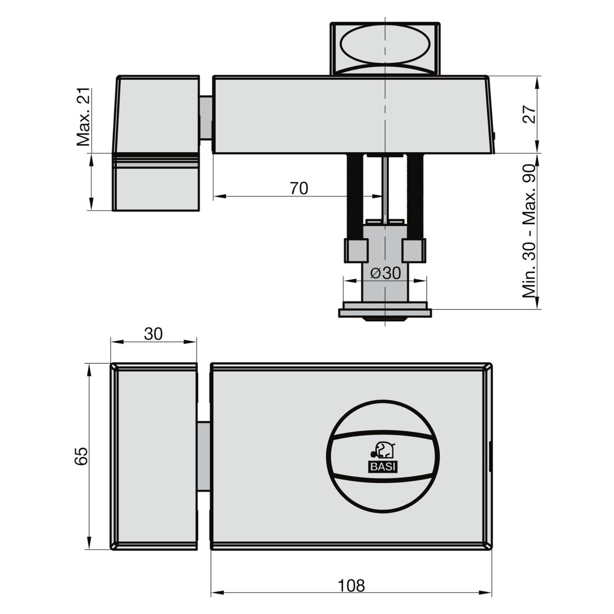 Schlossraste-Illustration mit Maßen: 70 mm Breite, 108 mm Länge, 65 mm Höhe. Markierungen zeigen Höheneinstellbereich von 30 bis 90 mm.