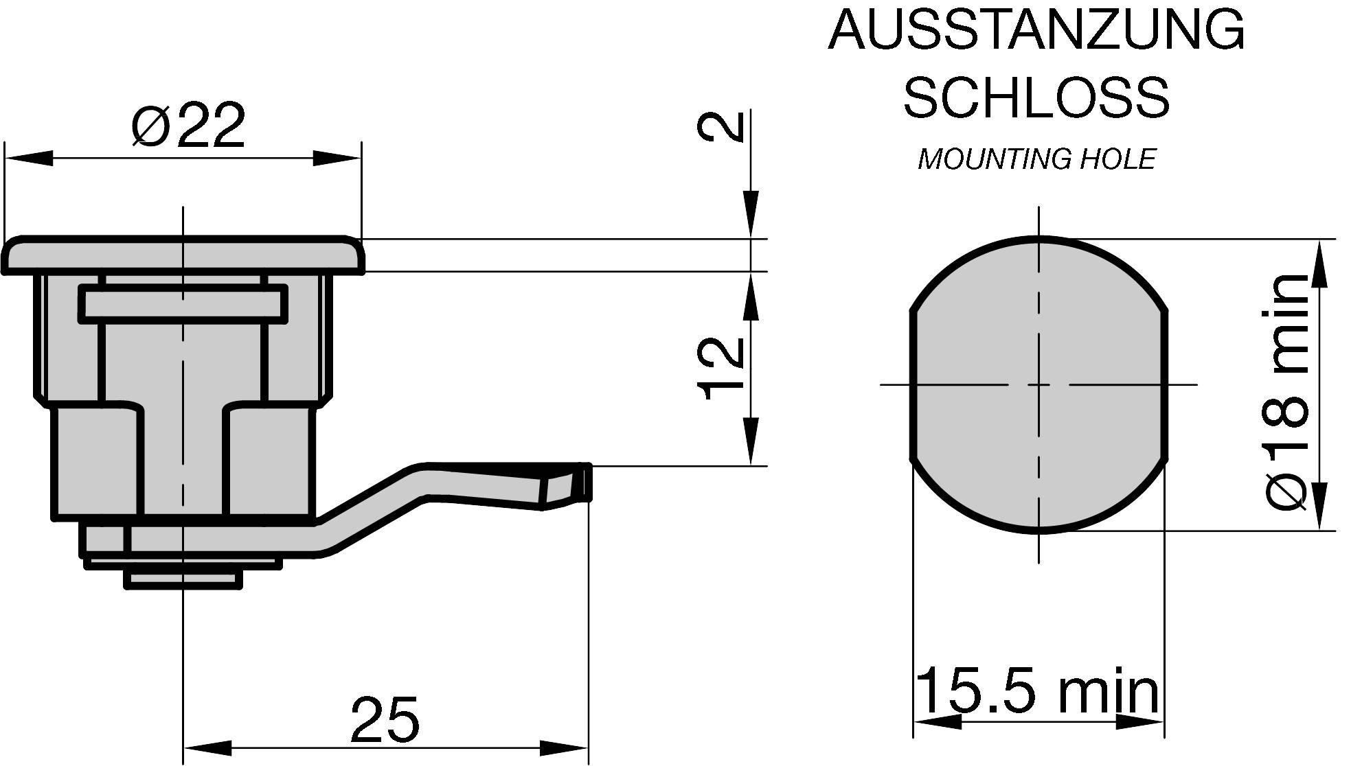Technische Zeichnung eines Schlosses mit Ausstanzungsmaßen: Durchmesser 22 mm, Höhe 12 mm. Montageöffnung Ø18 mm, Abstand 15,5 mm.