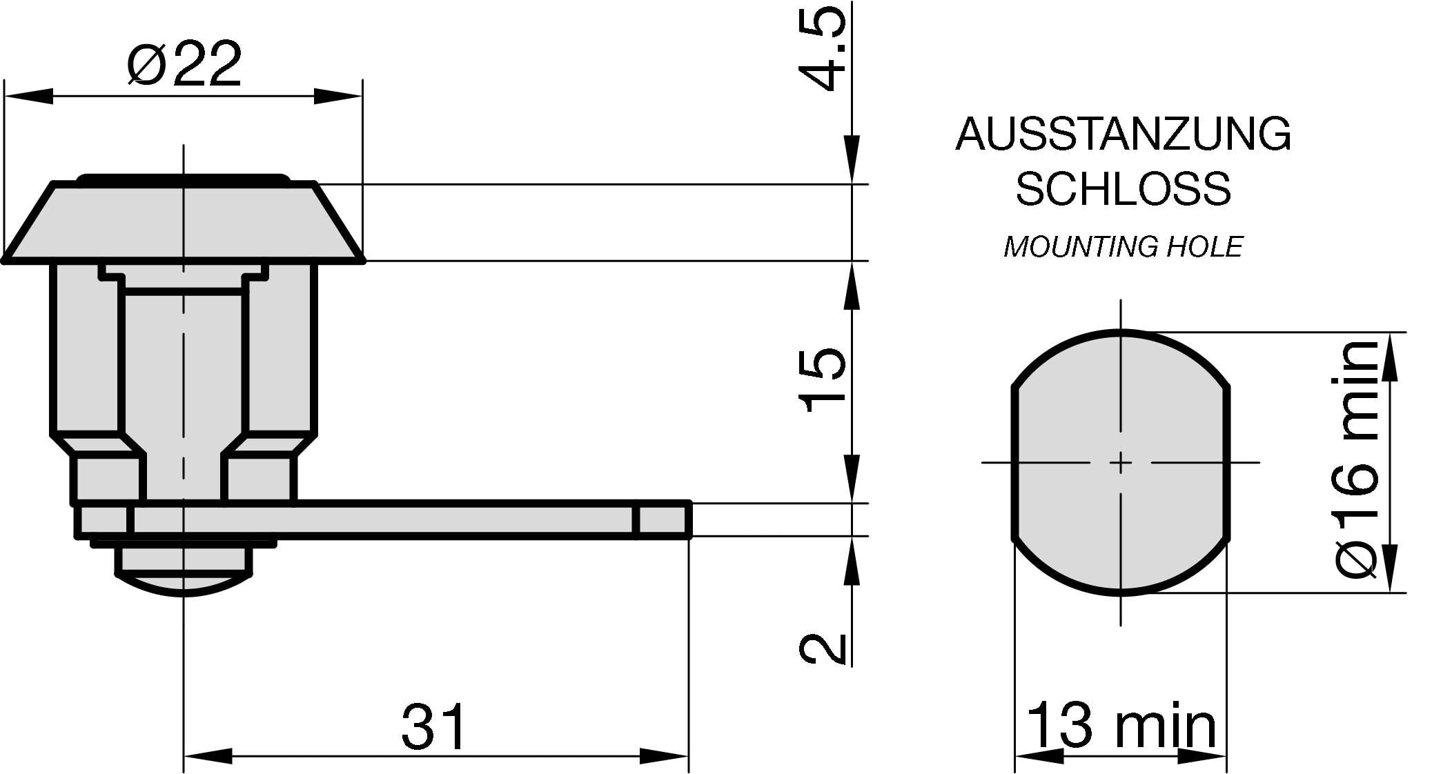 Technische Zeichnung eines Schlosses mit Maßen: Durchmesser 22 mm, Länge 31 mm. Weitere Details und Pläne zur Montage sind gezeigt.