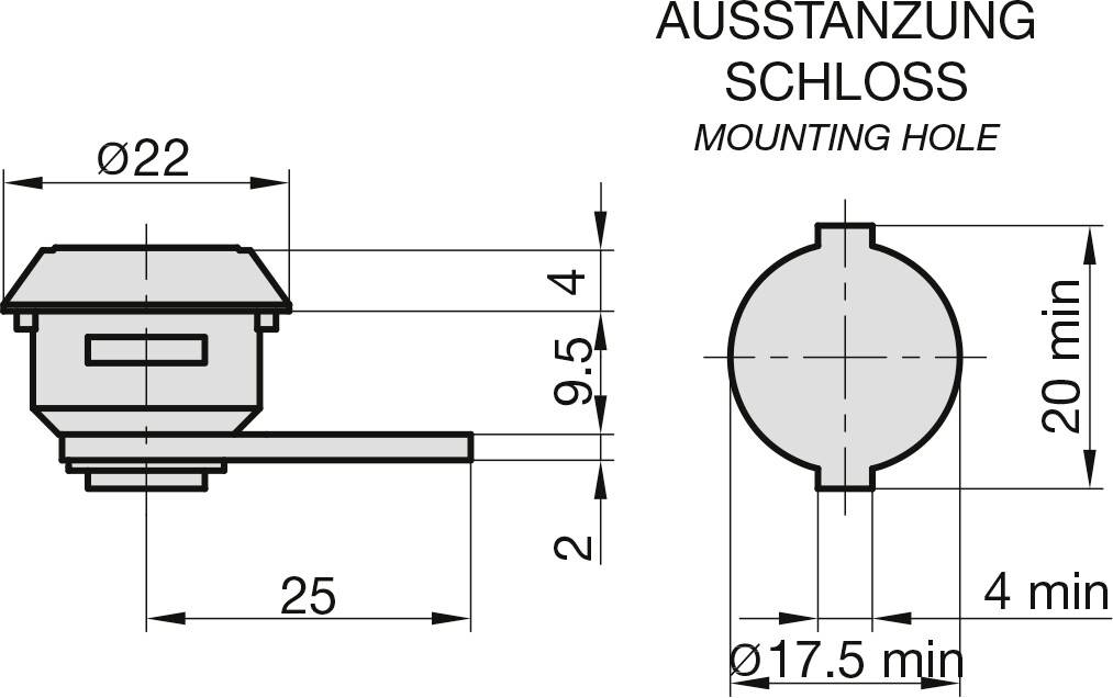 Technische Zeichnung eines Schlosses mit Abmessungen: Gesamtdurchmesser 22 mm, Höhe 9,5 mm, Bohrlochdurchmesser 17,5 mm.
