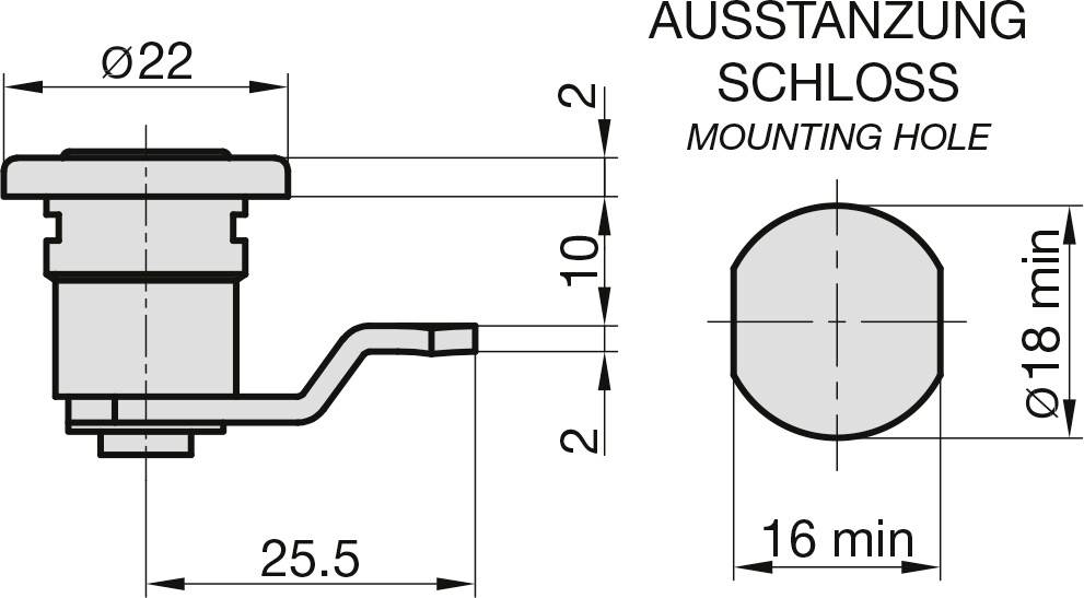 Technische Zeichnung eines Schlosses mit Maßangaben: Durchmesser 22 mm, Ausstanzung 18 mm, Gesamtlänge 25,5 mm.
