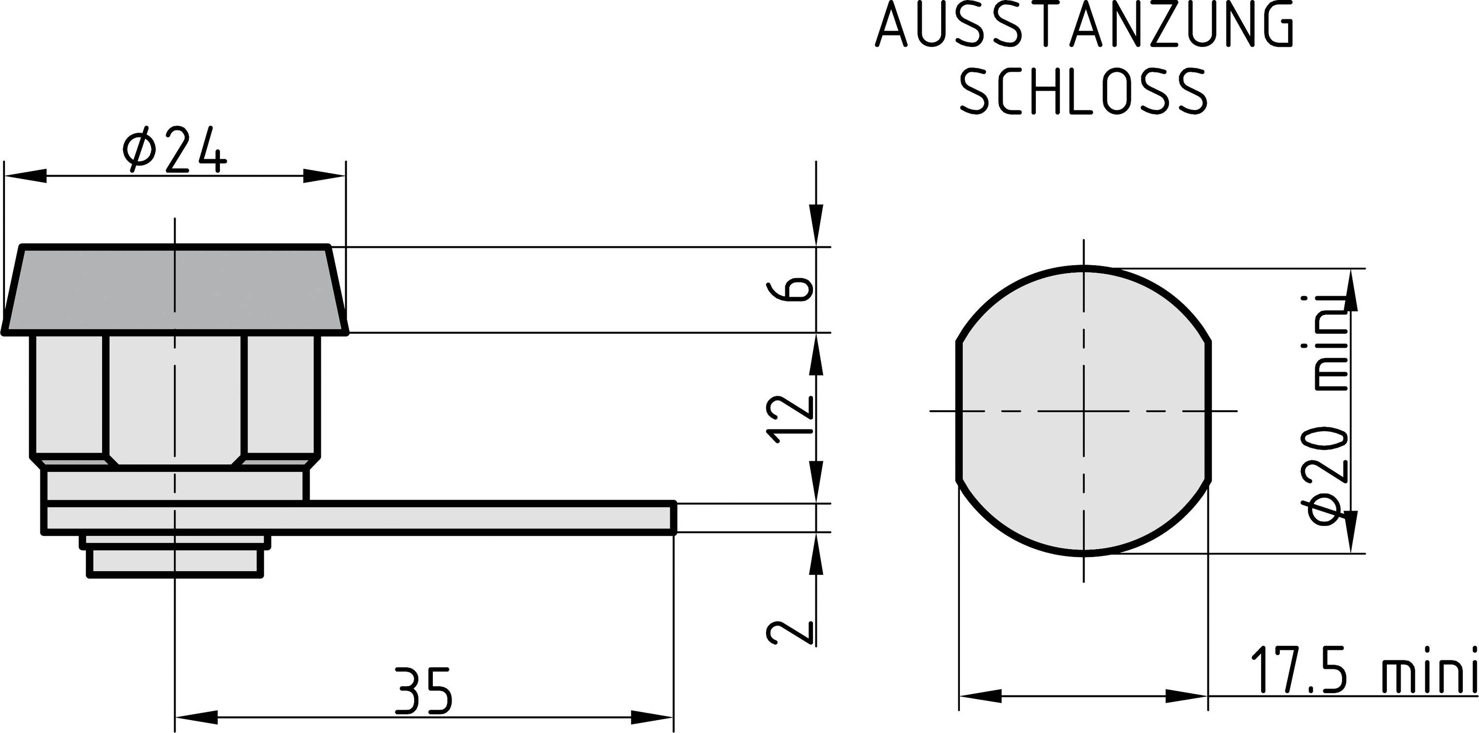 Technische Zeichnung eines Schlosses: Seitenansicht zeigt Abmessungen mit einem Durchmesser von 24mm, Gesamtbreite 35mm. Draufsicht auf Ausstanzung.