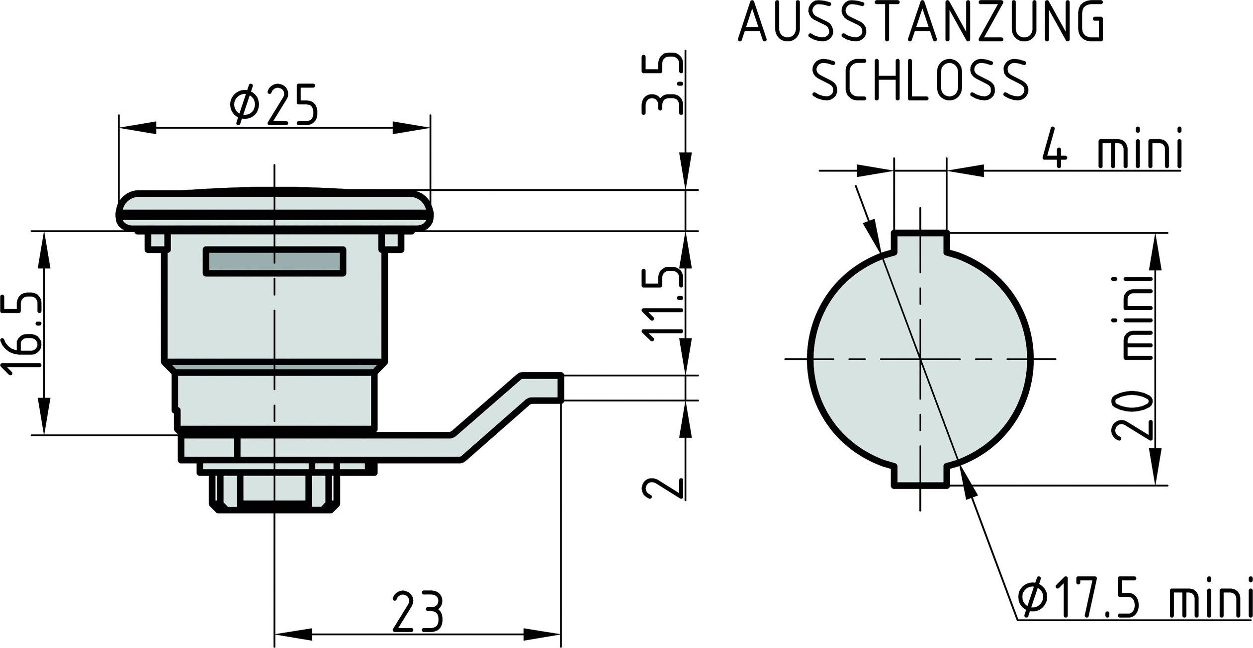 Technische Zeichnung eines Schlosses mit Maßen in Millimetern: Durchmesser 25, Höhe 16,5, Breite 23. Zusatztext: 'Ausstanzung Schloss'.