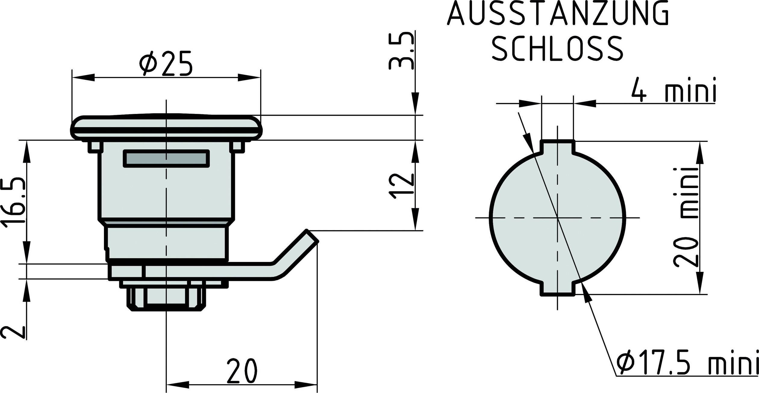 Technische Zeichnung eines zylindrischen Schlosses mit Maßen. Links: Seitenansicht, rechts: Draufsicht mit Details zur Aussparung.