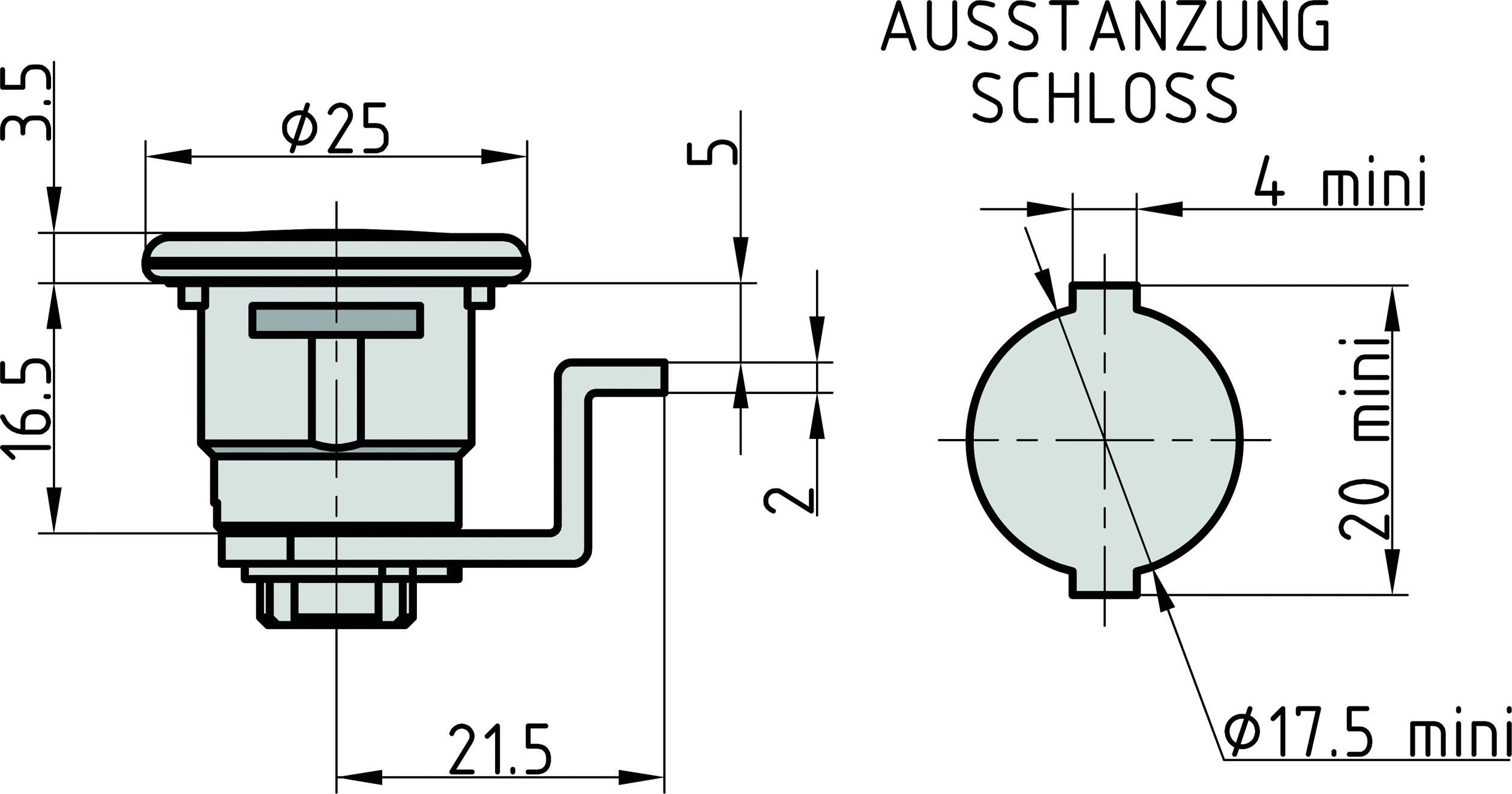 Eine technische Zeichnung zeigt die Seiten- und Vorderansicht eines Schlosses mit Abmessungen. Markiert sind Durchmesser und Mindestabstände.