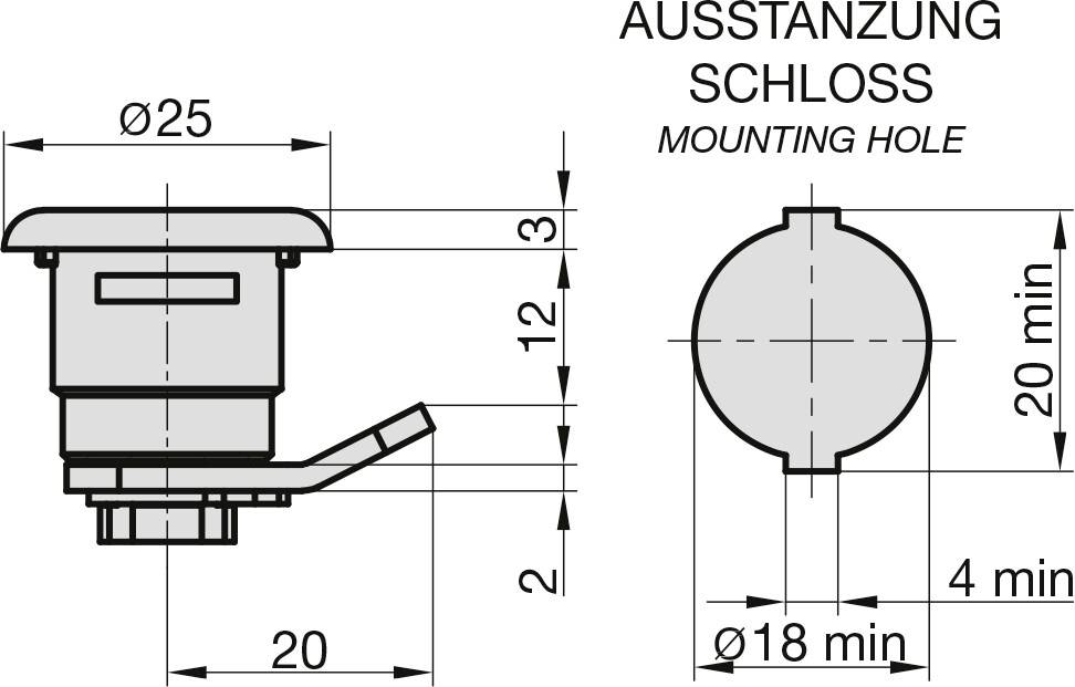 Zeichnung eines Schlosses mit Maßen: Ø25 mm, Höhe 20 mm, Montagebohrung Ø18 mm, Ausstanzung Ø20 mm, Position 3 mm über Boden.