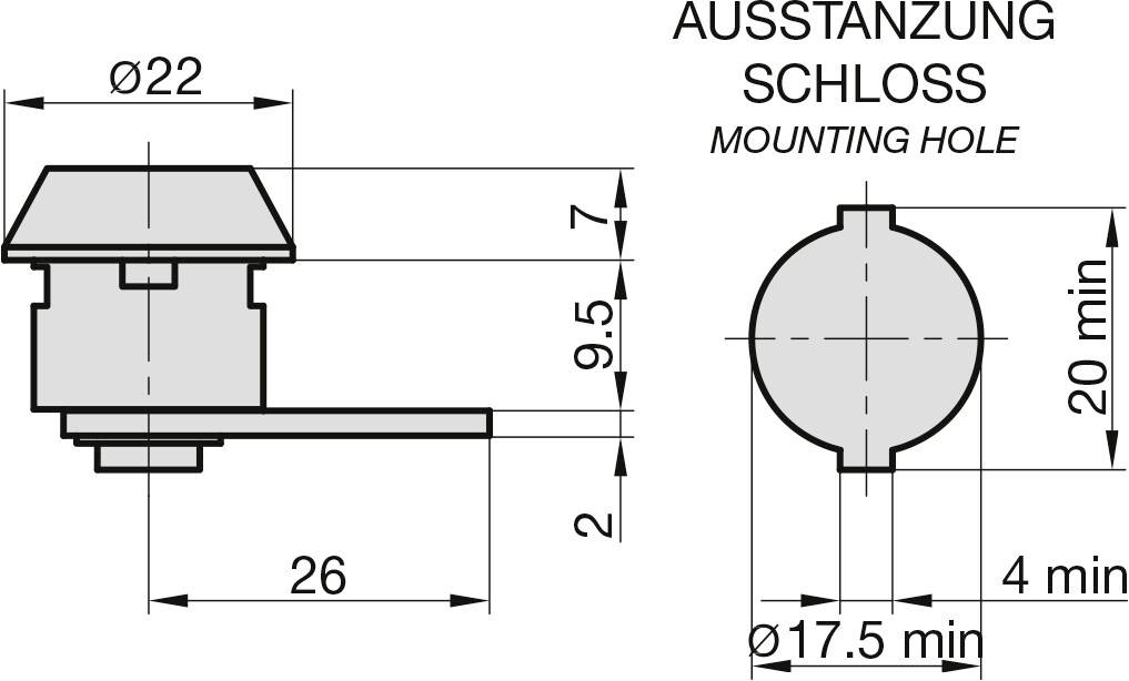 Technische Zeichnung eines Schlüssellochs mit Maßen: Gesamtdurchmesser 22 mm, Tiefe 9,5 mm, Länge 26 mm, Montageloch 17,5 mm.