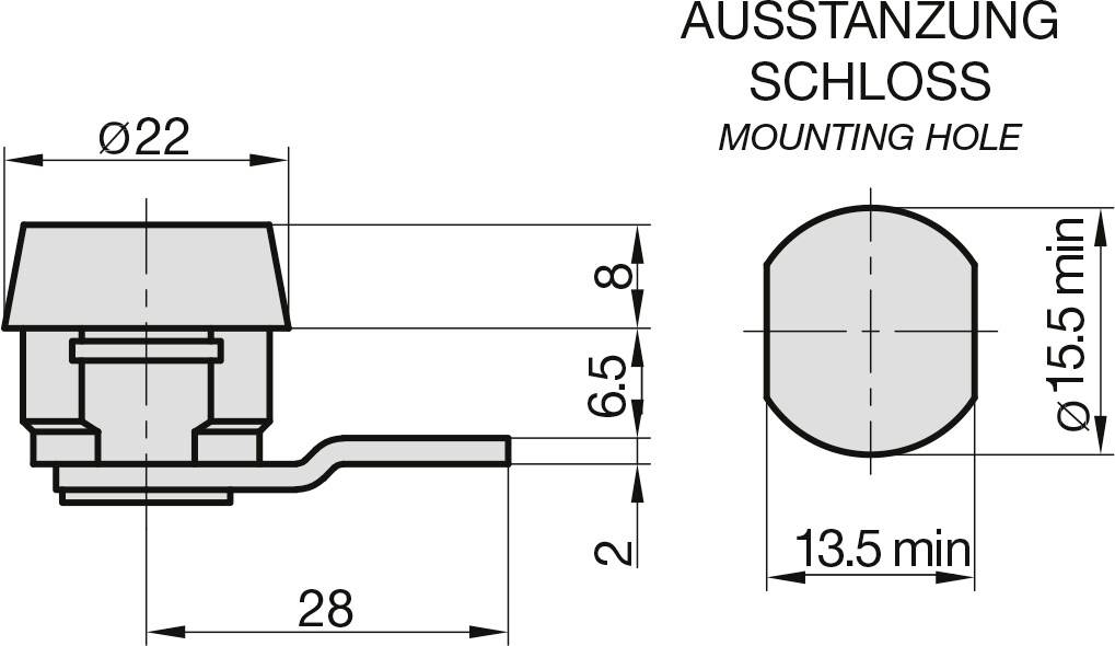 'Technische Zeichnung eines Schalteranschlusses mit Maßen: ø22 mm, Tiefe 6,5 mm, Gesamtlänge 28 mm. Lochschaftdurchmesser ø15,5 mm.'