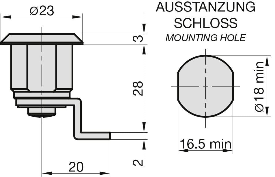 Technische Zeichnung eines Schlosses mit Abmessungen: Durchmesser 23 mm, Höhe 28 mm, Ausstanzung 20 mm Länge, Bohrung Ø18 mm.
