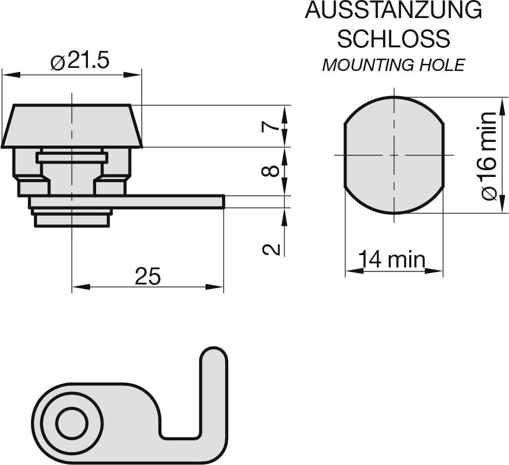 Zeichnung eines Schlosses mit Maßen. Links ist eine Seitenansicht von 25 mm Breite, rechts die Draufsicht mit einem 16 mm Loch.