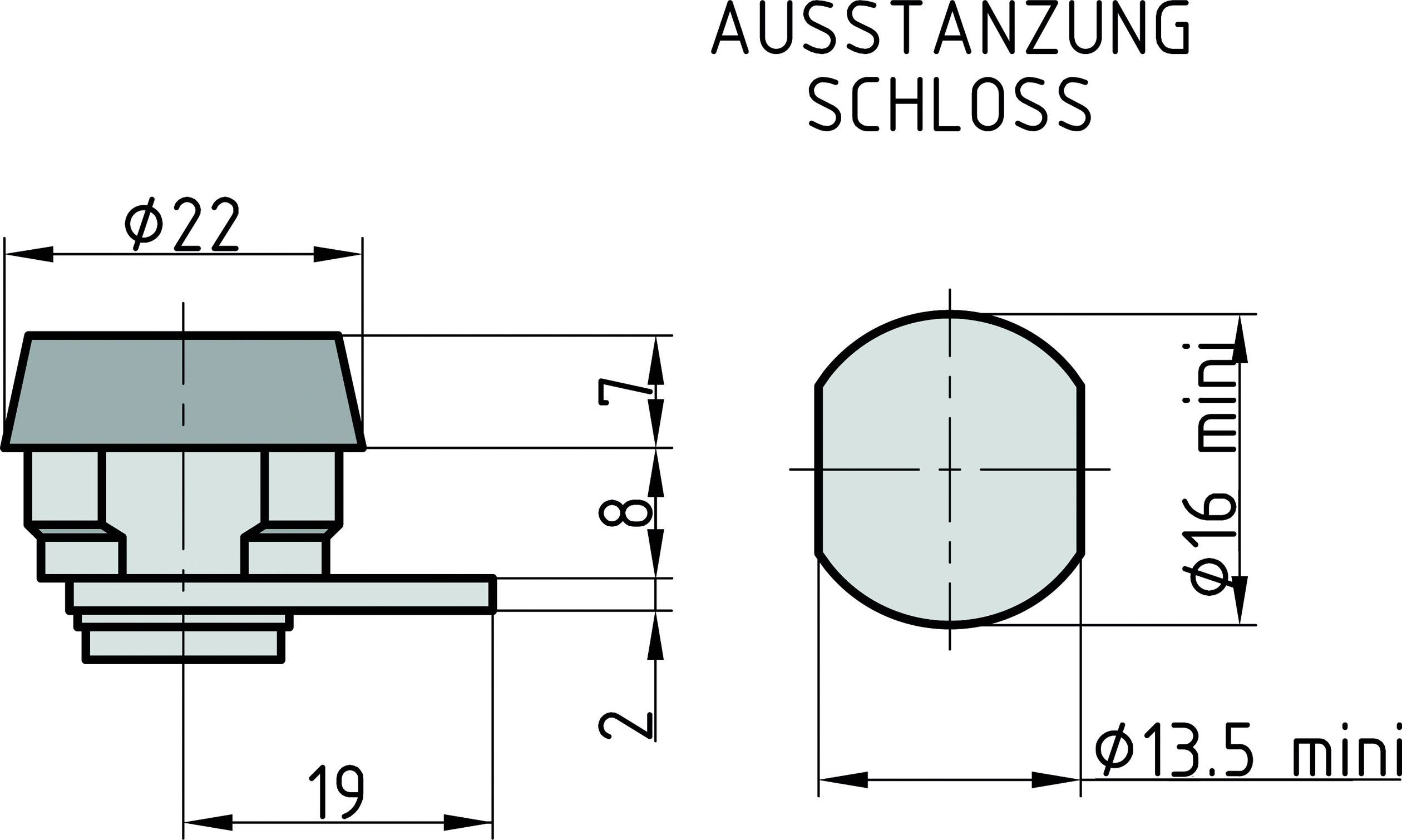 Technische Zeichnung eines Schlosses mit Maßen: Durchmesser 22mm, 16mm, 13,5mm. Höhe 8,7mm, Breite 19mm. Beschriftung 'Ausstanzung Schloss'.