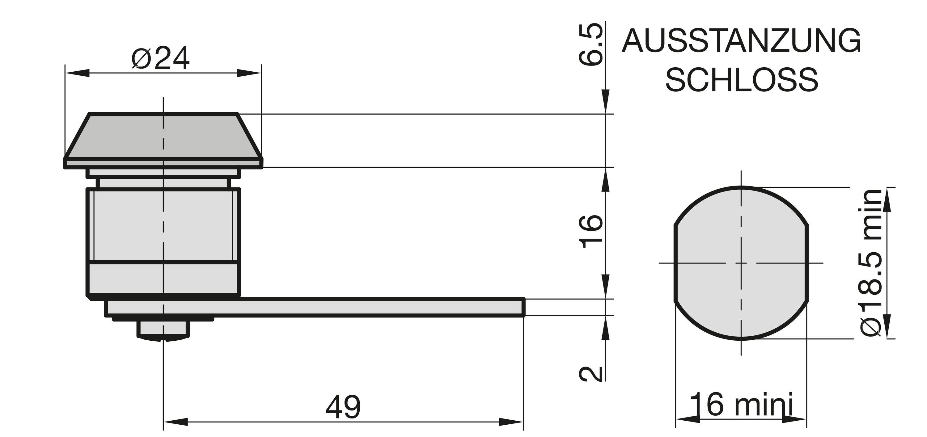 Technische Zeichnung eines Türschlosses mit Maßen: Durchmesser 24 mm, Länge 49 mm, Aussparung 18,5 mm; Beschriftung 'Ausstanzung Schloss'.