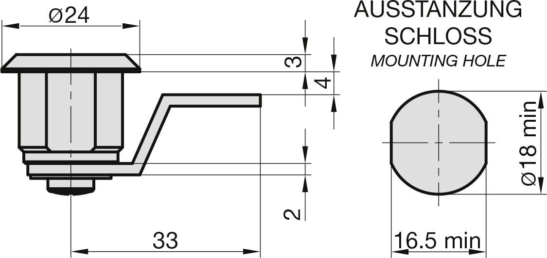 Technische Zeichnung eines Schlosses mit Maßen: Durchmesser 24 mm, Loch 18 mm, Länge 33 mm. Angaben auf Deutsch und Englisch.