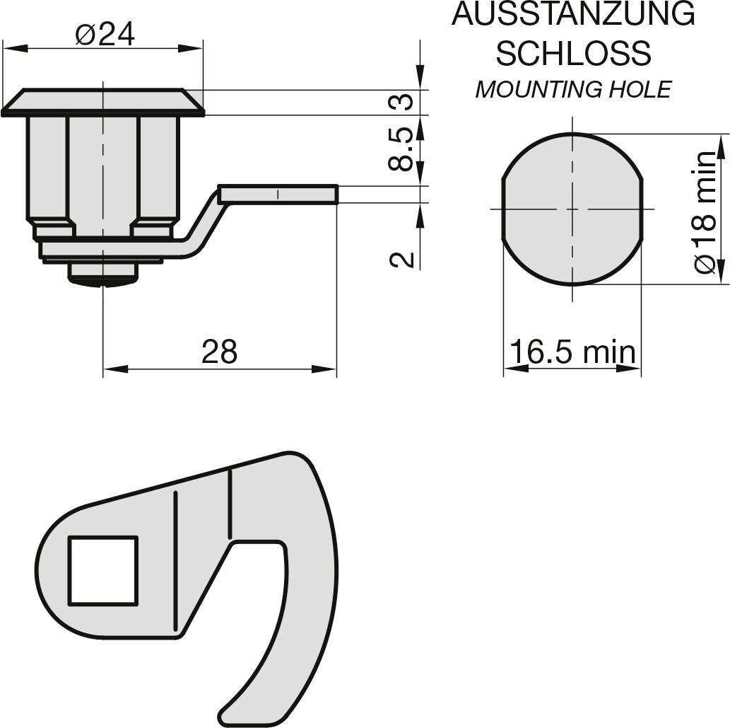 'Technische Zeichnung eines Schlosses mit Maßangaben: Durchmesser 24 mm, Tiefe 28 mm, Ausstanzung ø18 mm. Ansicht oben und seitlich.'