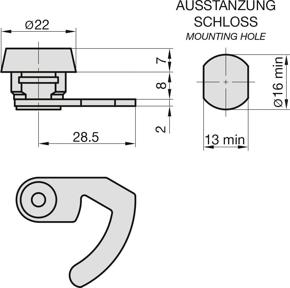 Technische Zeichnung eines Schlosses mit Ausstanzung. Maße: Durchmesser 22 mm, 16 mm Loch, 28,5 mm Breite, 2 mm Höhe.