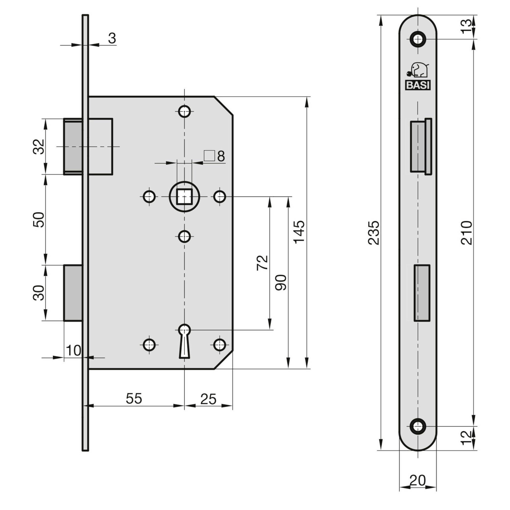 Technische Zeichnung eines Türschloss-Mechanismus mit Abmessungen: 145x90 mm, Schließloch 72 mm von oben. Markenname: BASI.
