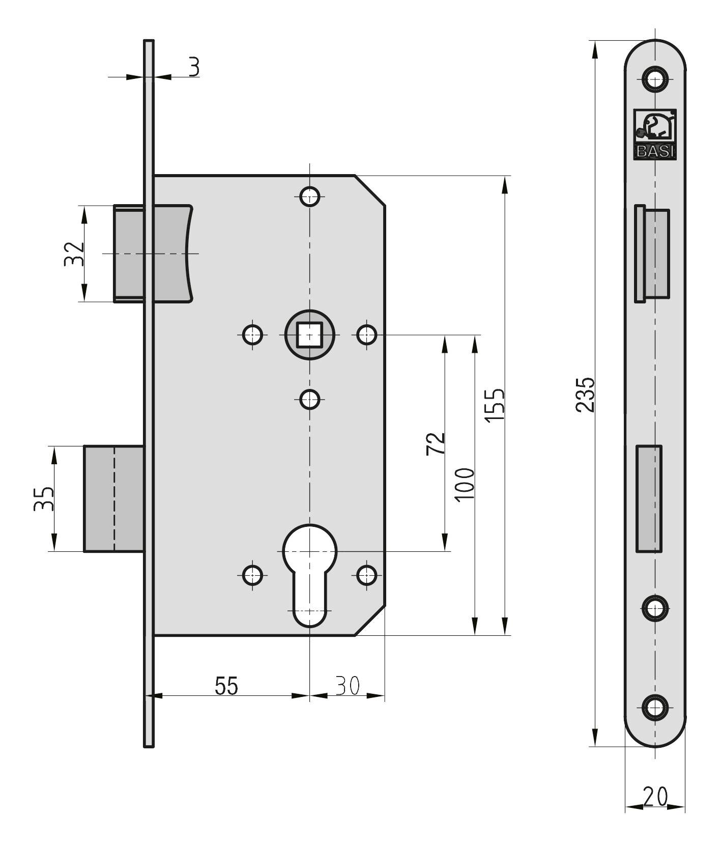 Schlossmechanismus mit Maßen: 155 mm Höhe, 72 mm Abstand, 20 mm Breite, 55 mm Schlüssel- bis Riegelmitte, geeignet für Türen.