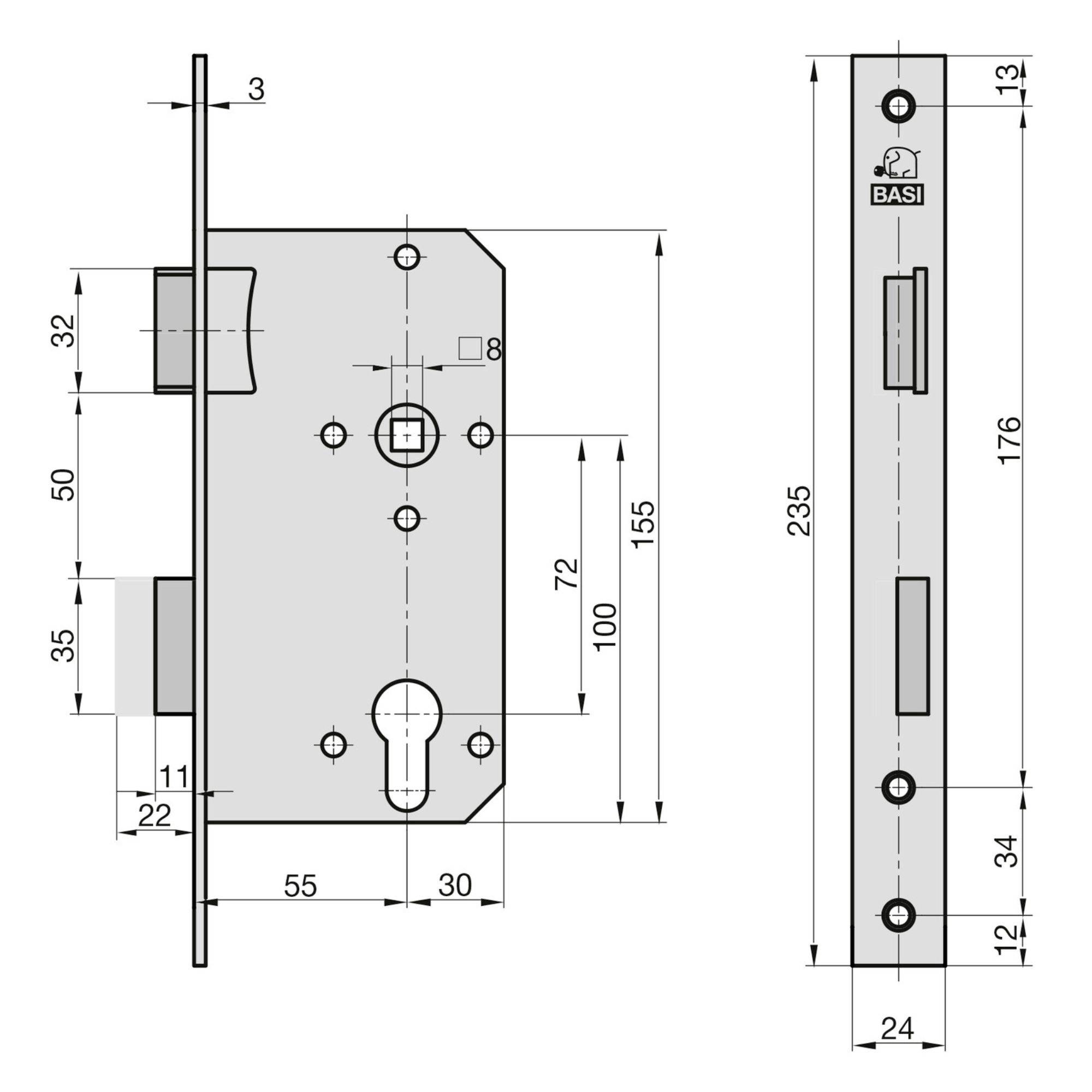 Technische Zeichnung eines Schlossmechanismus mit Maßangaben. Front- und Seitenansichten zeigen Abmessungen in Millimetern. Diagramm von BASI.