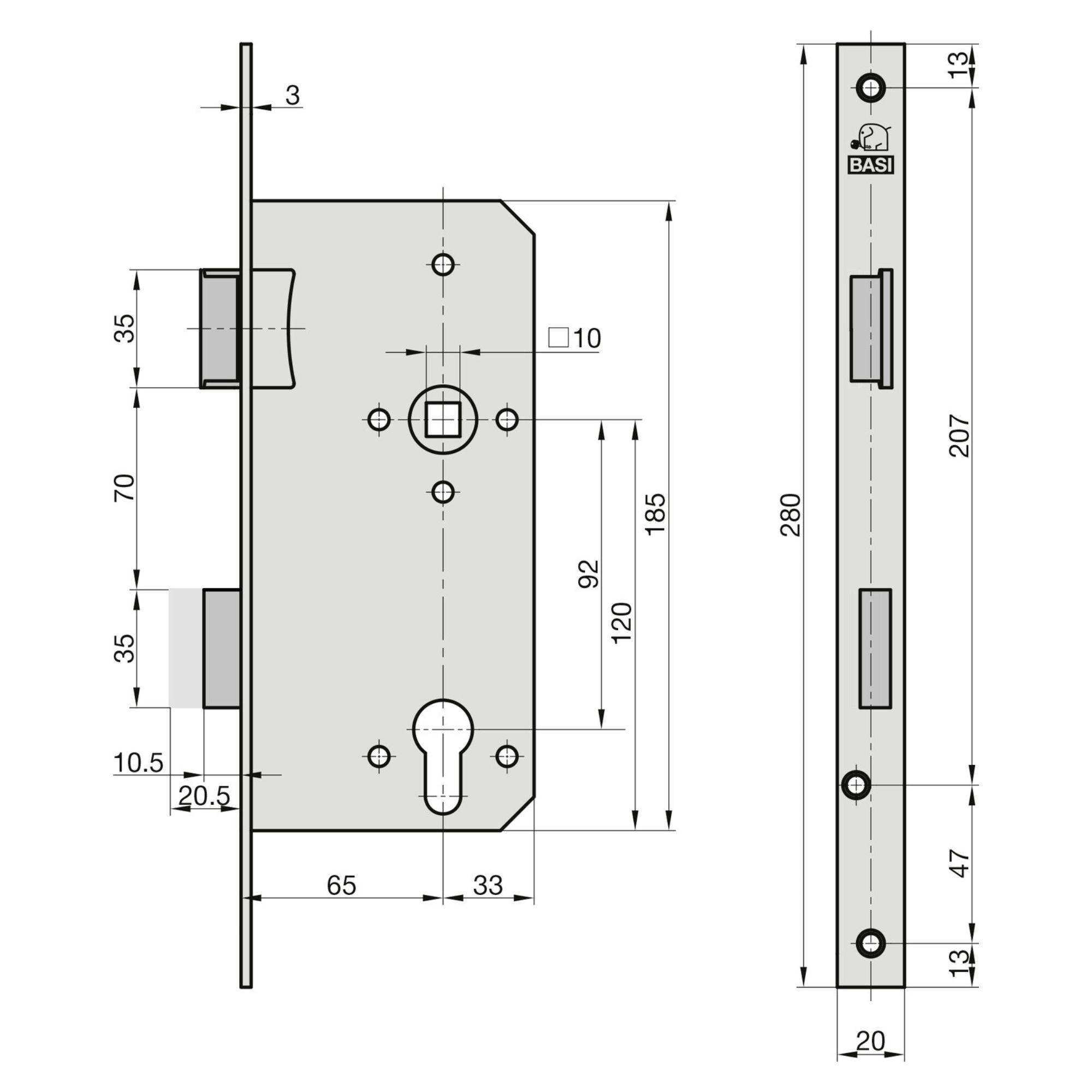 Schlossmechanismus-Technische Zeichnung mit Abmessungen für die Installation, zeigt Vorder- und Seitenansicht. Hauptkomponenten und Schlüsselloch sind gekennzeichnet.