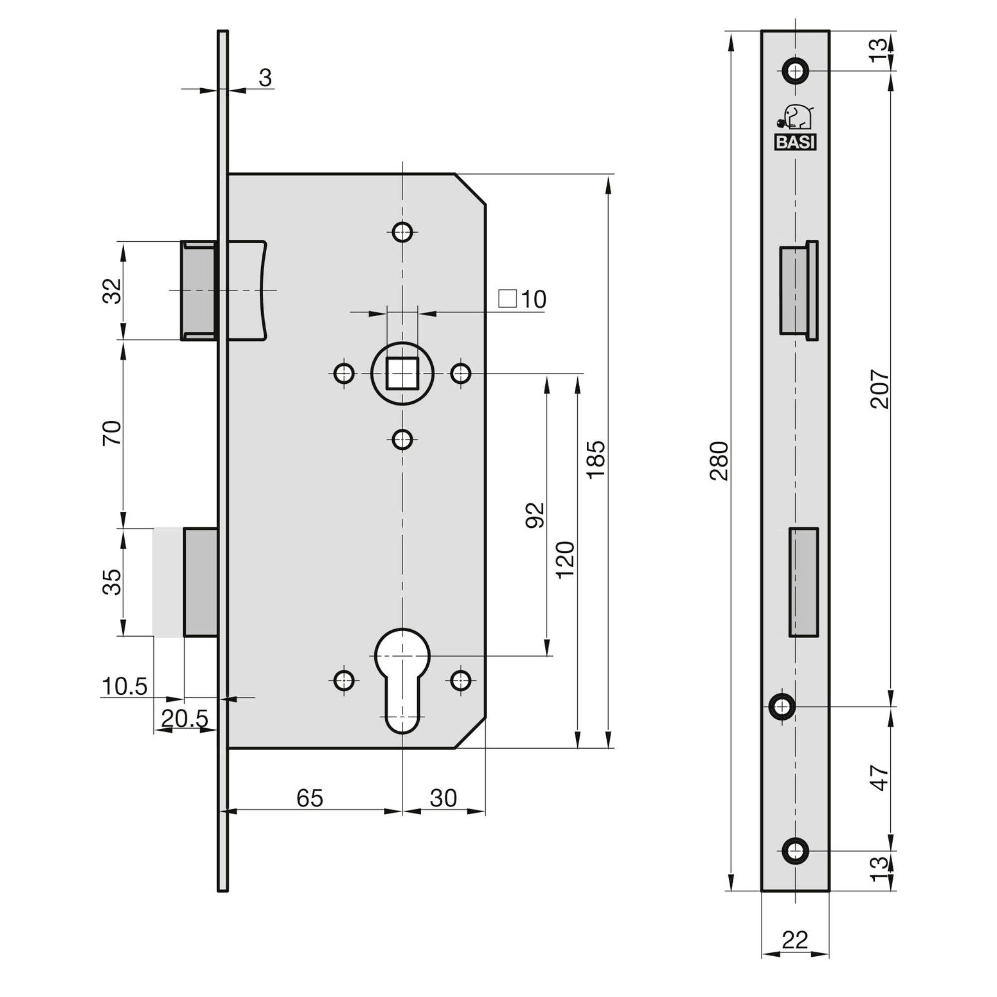 'Bauplan eines Türschlossmechanismus mit in Millimetern vermerkten Abmessungen, der Seiten- und Vorderansicht zeigt. Das Schlüsselloch ist in der Mitte auf 85mm angebracht.'