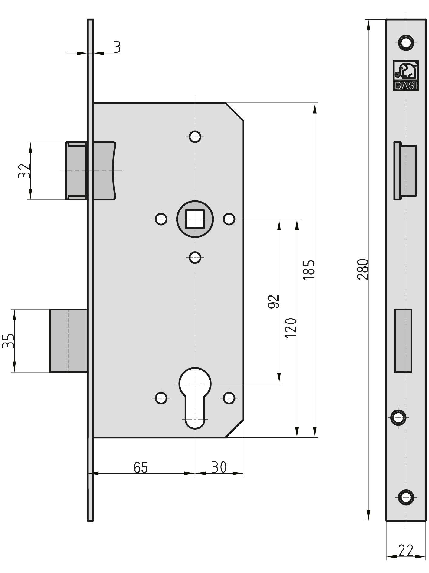 Technische Zeichnung eines Türschlosses mit Maßen in Millimetern: Höhe 280, Breite 22, Tiefe 35. Hauptkomponenten und Schraubenpositionen markiert.