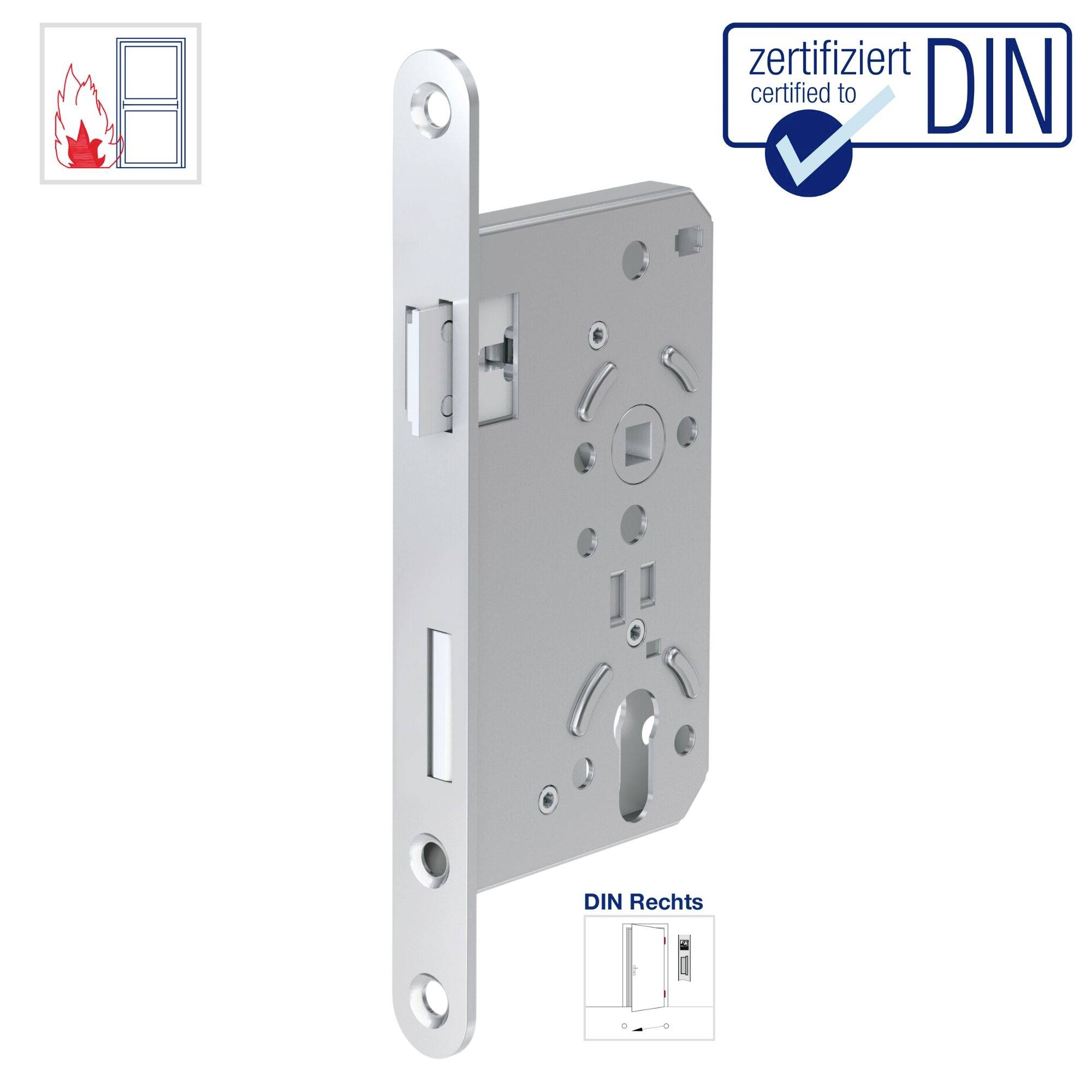 Ein Einsteckschloss mit DIN-Zertifizierung, geeignet für Türen mit Feuerbeständigkeit, zeigt ein Etikett 'DIN Rechts' für rechte Türen.