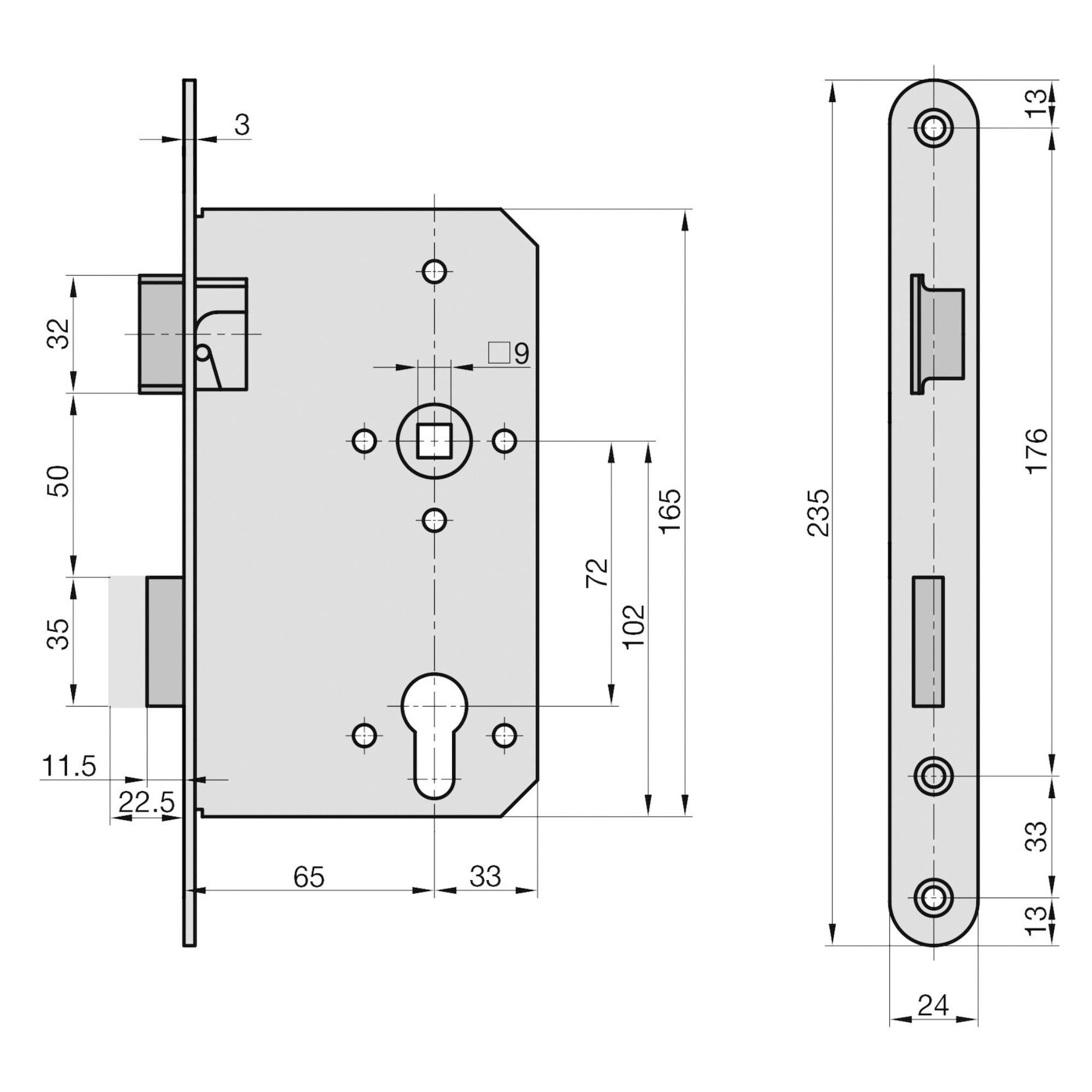 'Technische Zeichnung eines Schlossmechanismus mit detaillierten Abmessungen. Seitenansicht: 250 x 15 mm. Vorderansicht: 90 x 120 mm Platte, 67 mm Hauptkörper.'