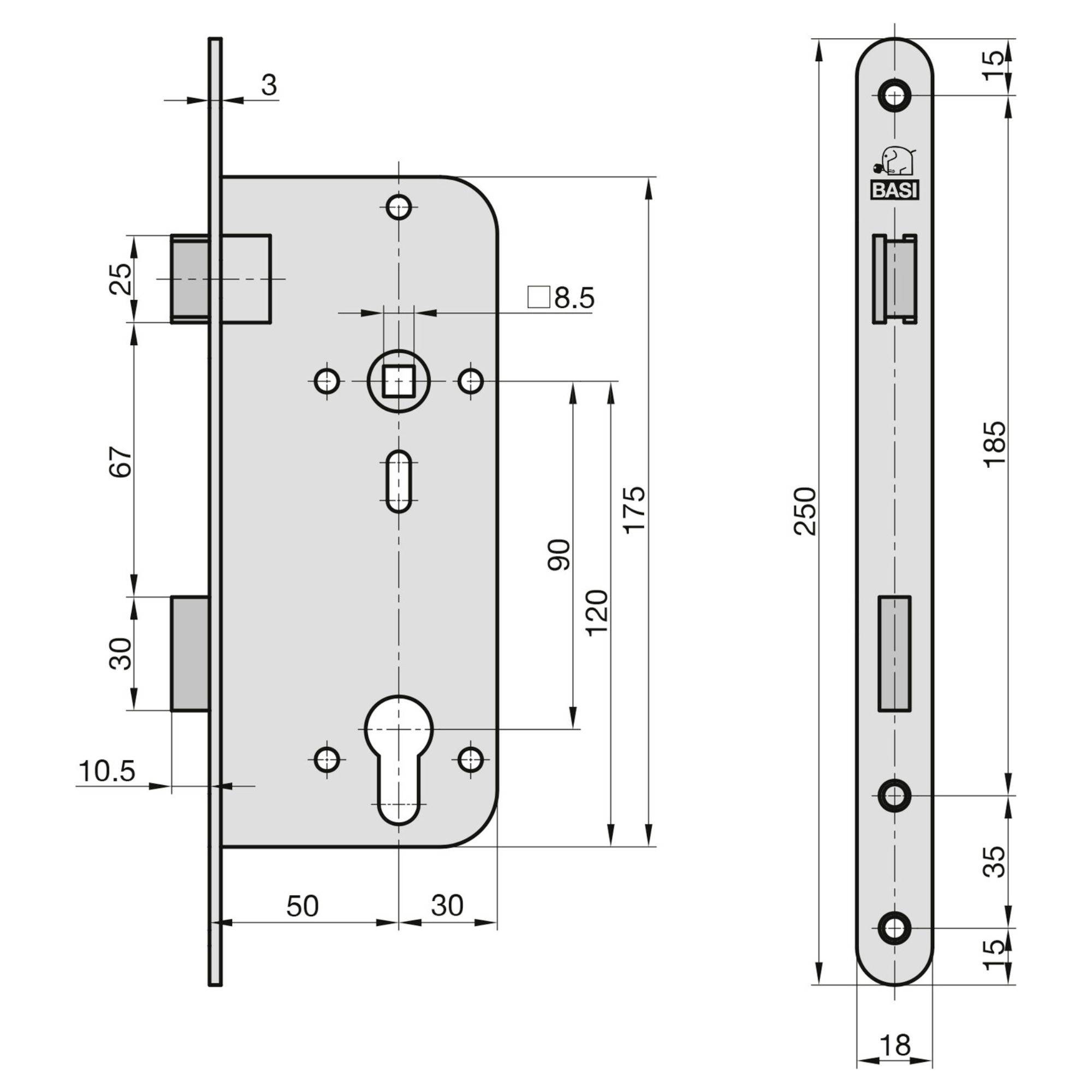 Technische Zeichnung eines Türschloss-Mechanismus mit Abmessungen. Seitenansicht zeigt Schlüsselloch und Ausrichtung des Riegels, gekennzeichnet mit Abmessungen in Millimetern.