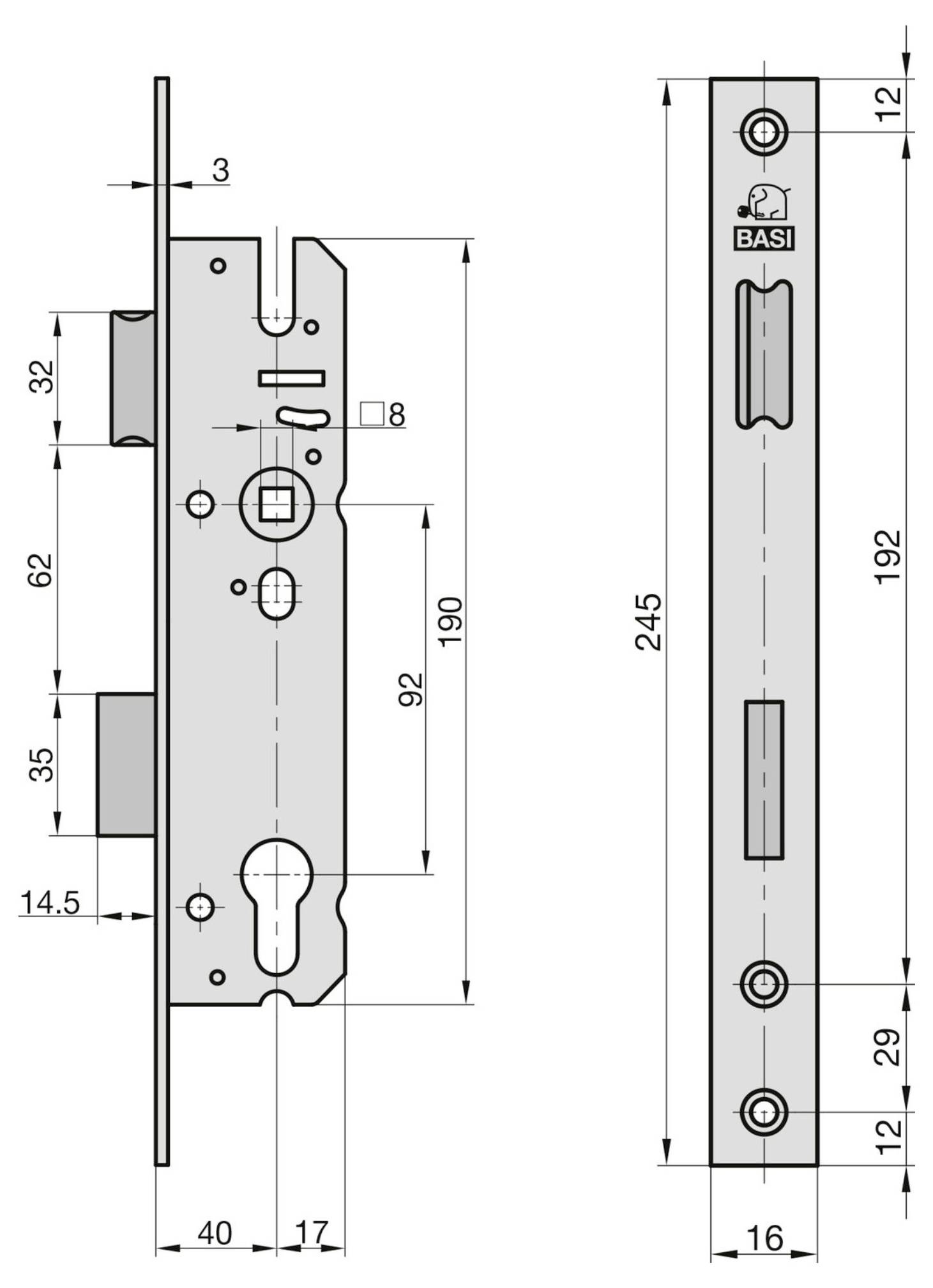 'Technische Zeichnung eines BASI-Schließmechanismus mit Abmessungen: 245 mm Länge, 192 mm Schlosszarge, 32 mm Breite, 62 mm und 190 mm Höhe.'