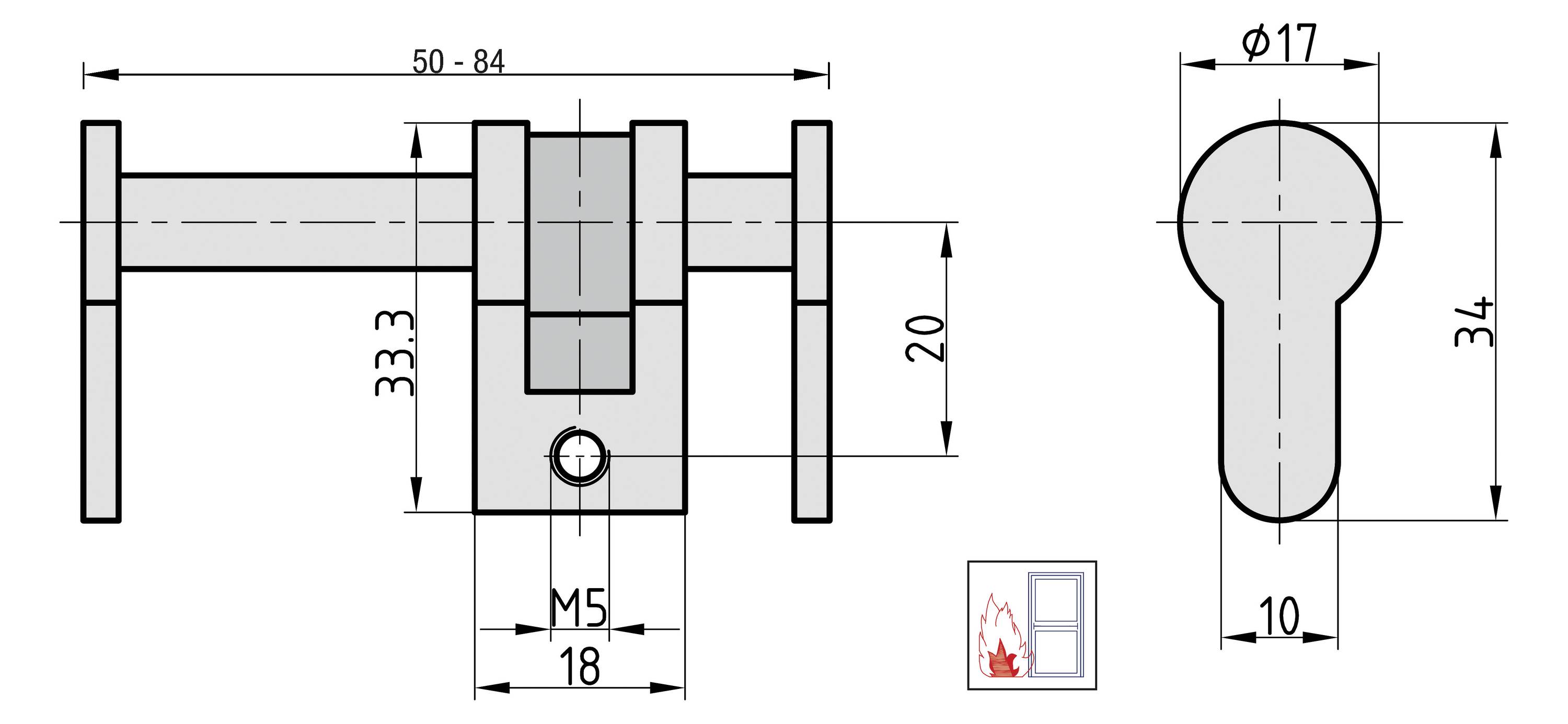 'Technische Zeichnung eines Türzylinders mit genauen Maßen, z.B. Gesamtbreite 50-84 mm, Höhe 20 mm, und Schlüssellochöffnung.'