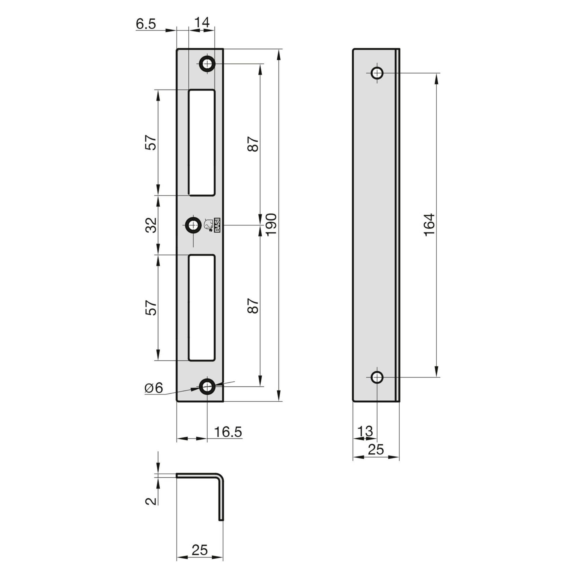 Technische Zeichnung einer Metallschlagplatte mit Abmessungen: Gesamtlänge 164 mm, Breite 25 mm, Tiefe 2 mm. Zwei rechteckige Schlitze und Schraubenlöcher sind dargestellt.