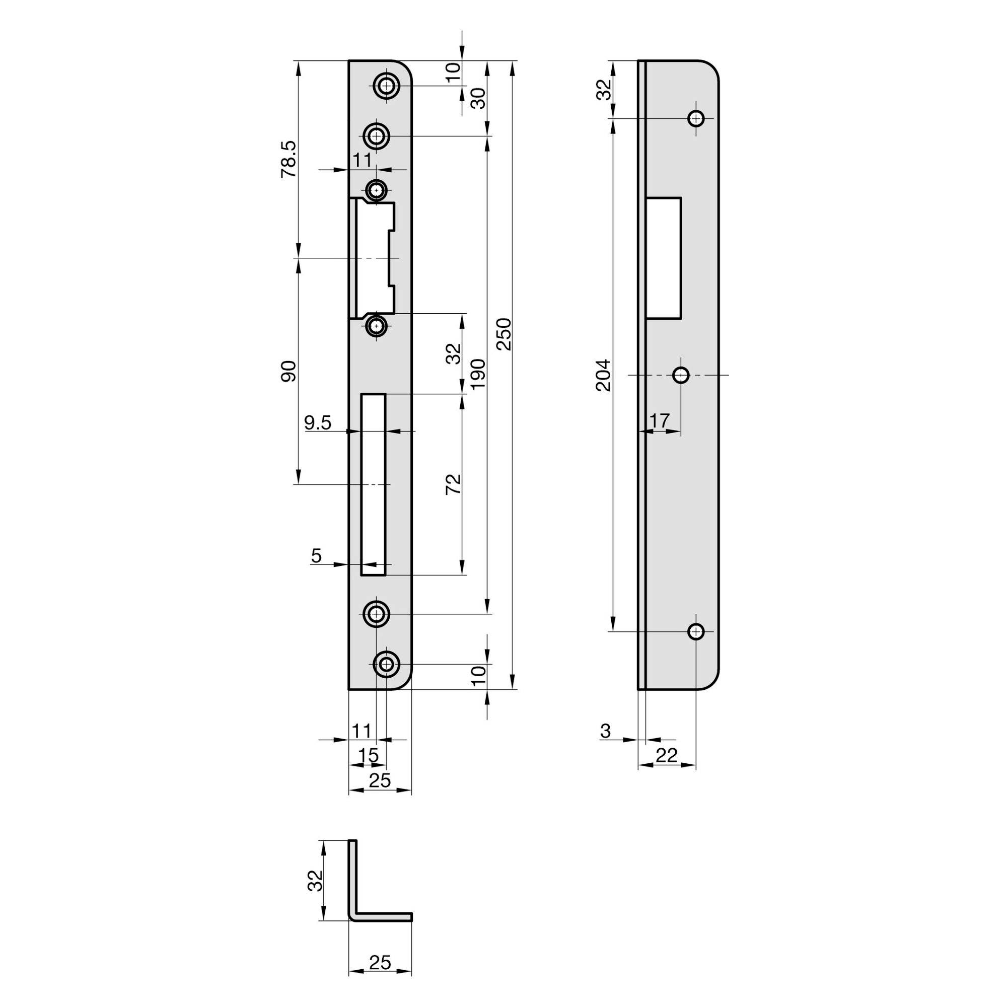 Technische Zeichnung eines Türschlosses mit Maßangaben in Millimetern, zeigt Vorder- und Seitenansicht, sowie ein L-Profil.