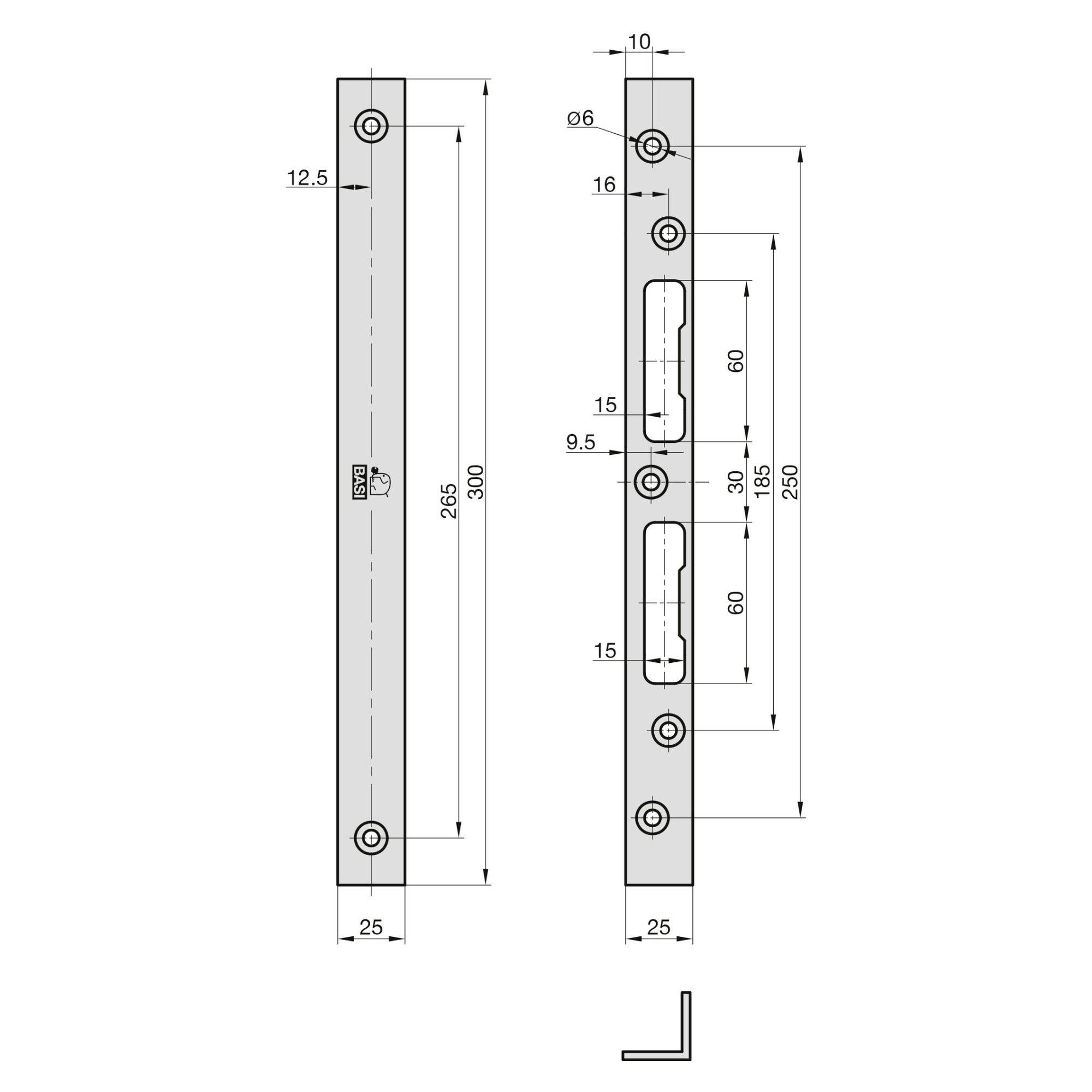 Eine technische Zeichnung einer Metallplatte mit Abmessungen: 300 mm Länge, 25 mm Breite, mit mehreren Löchern und Schlitzen, detailliert in Millimetern.