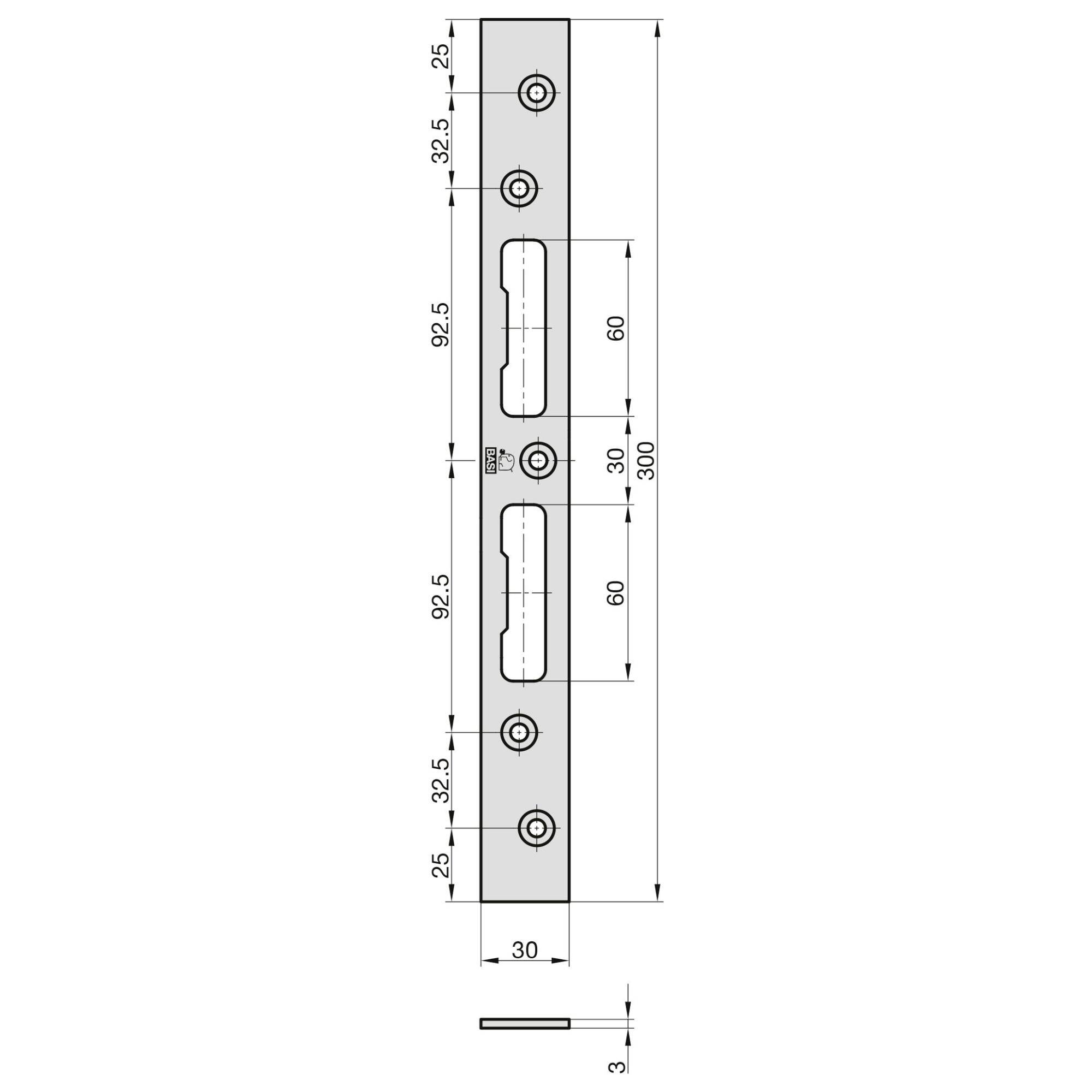 Technische Zeichnung eines Metallprofils mit vier Bohrungen. Maße: 300 mm lang, 30 mm breit. Abstand der Bohrungen: 60 mm.