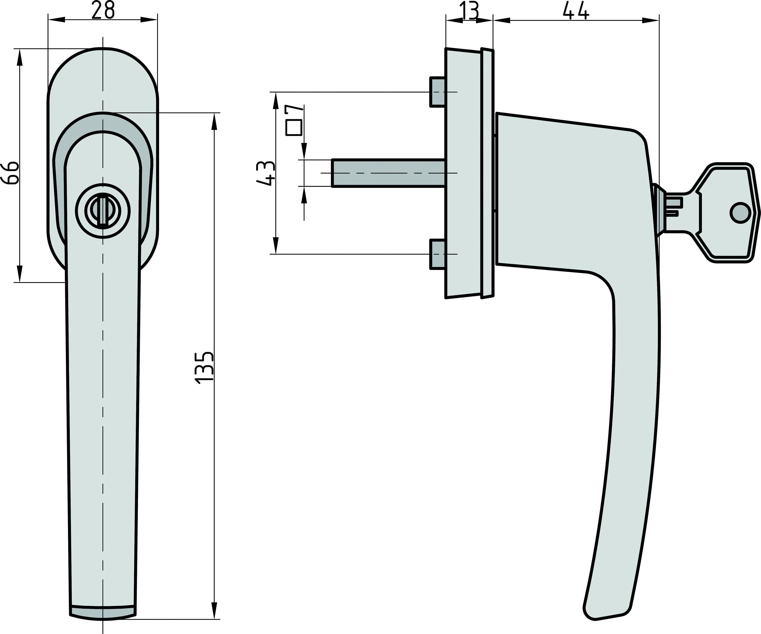 Illustration eines abschließbaren Fenstergriffs mit Maßen: 135 mm Länge, 66 mm Höhe, 28 mm Breite des Griffsockels, 44 mm Gesamttiefe.