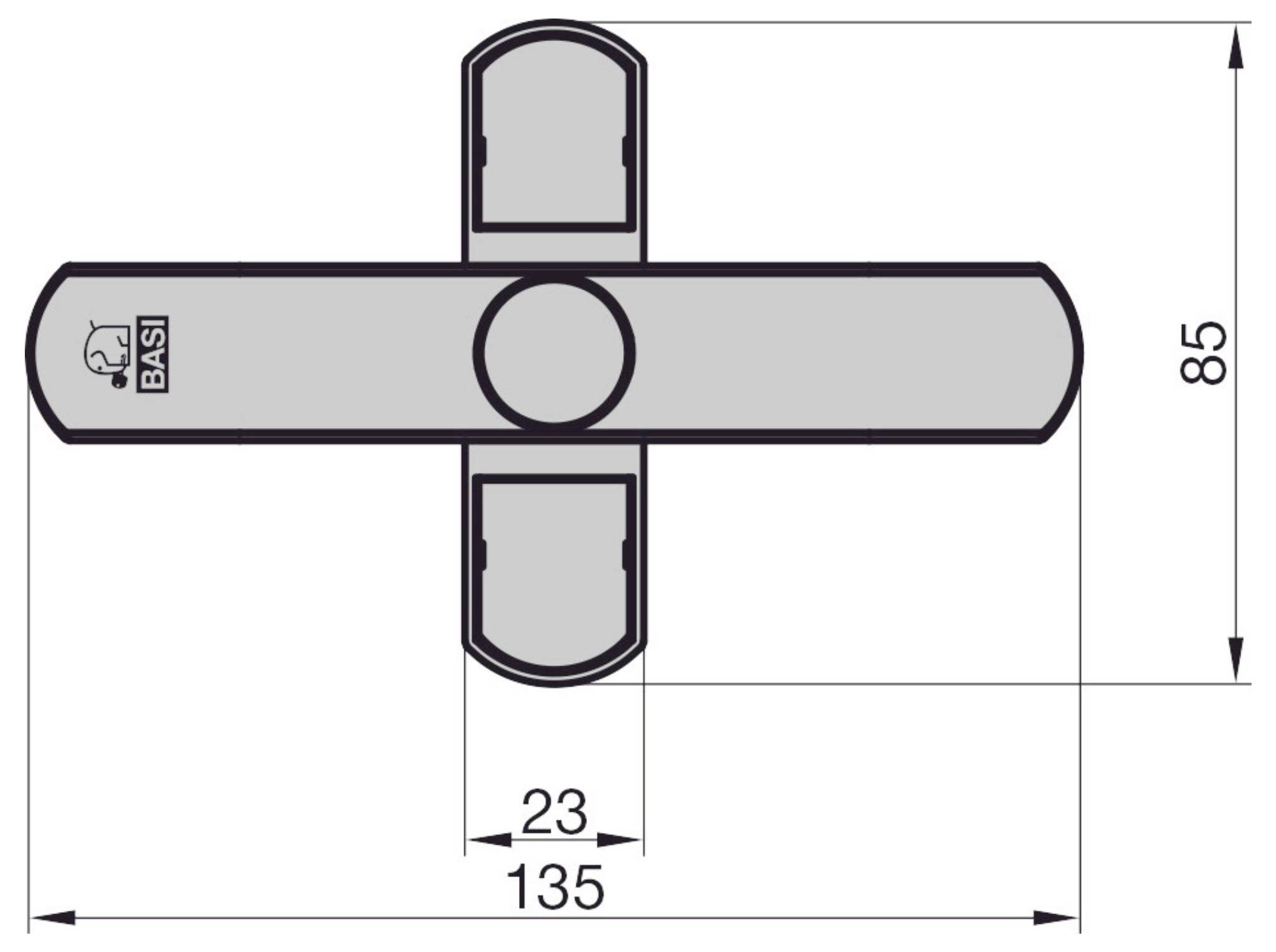 „BASI" Schwingriff mit Abmessungen: Breite 135 mm, zentrales Rundbügelschloss, Höhe 23 mm, Gesamthöhe einschließlich Arme 85 mm.
