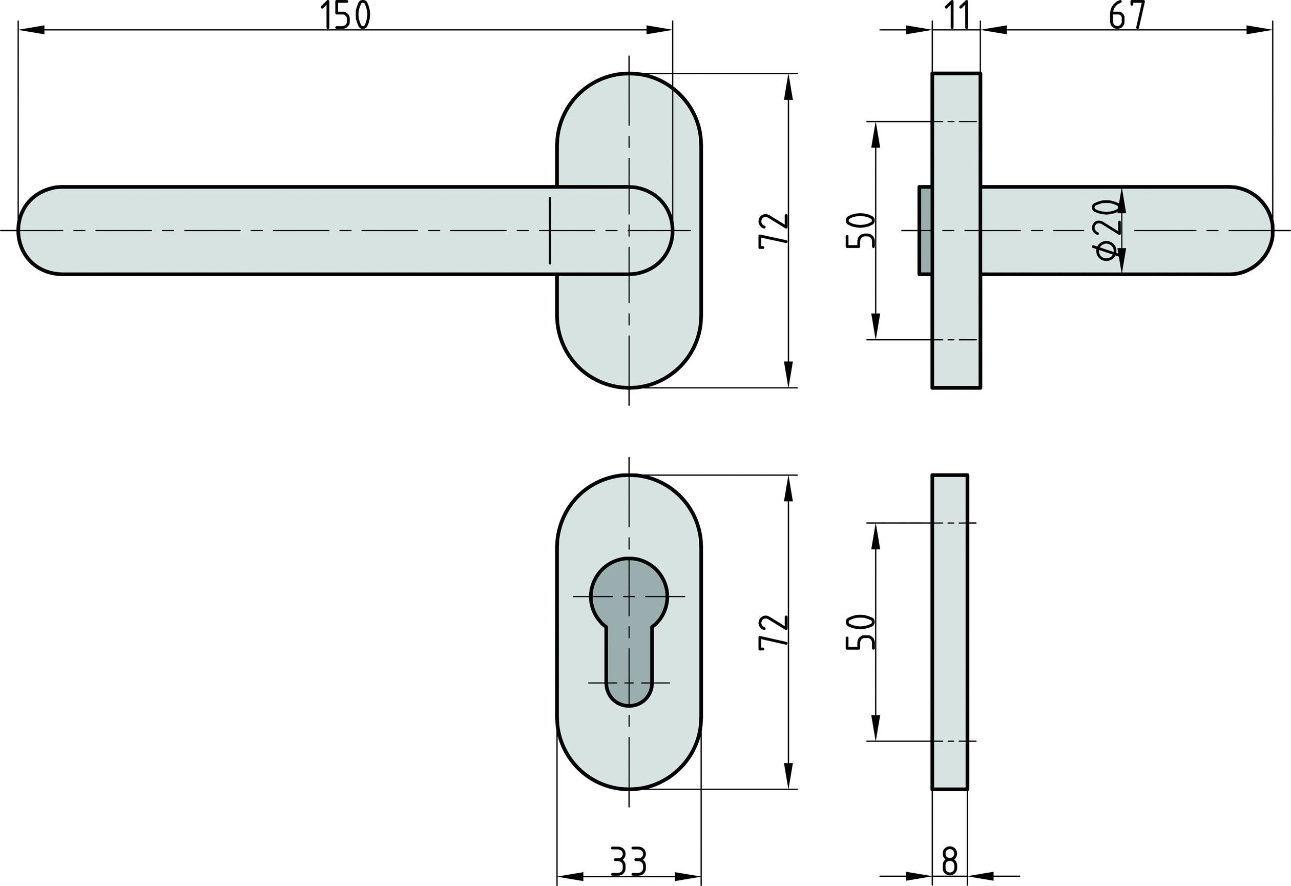 Ein technischer Zeichnungsentwurf eines Türgriffs mit Maßangaben in Millimetern, zeigt Draufsicht und Seitenansicht.