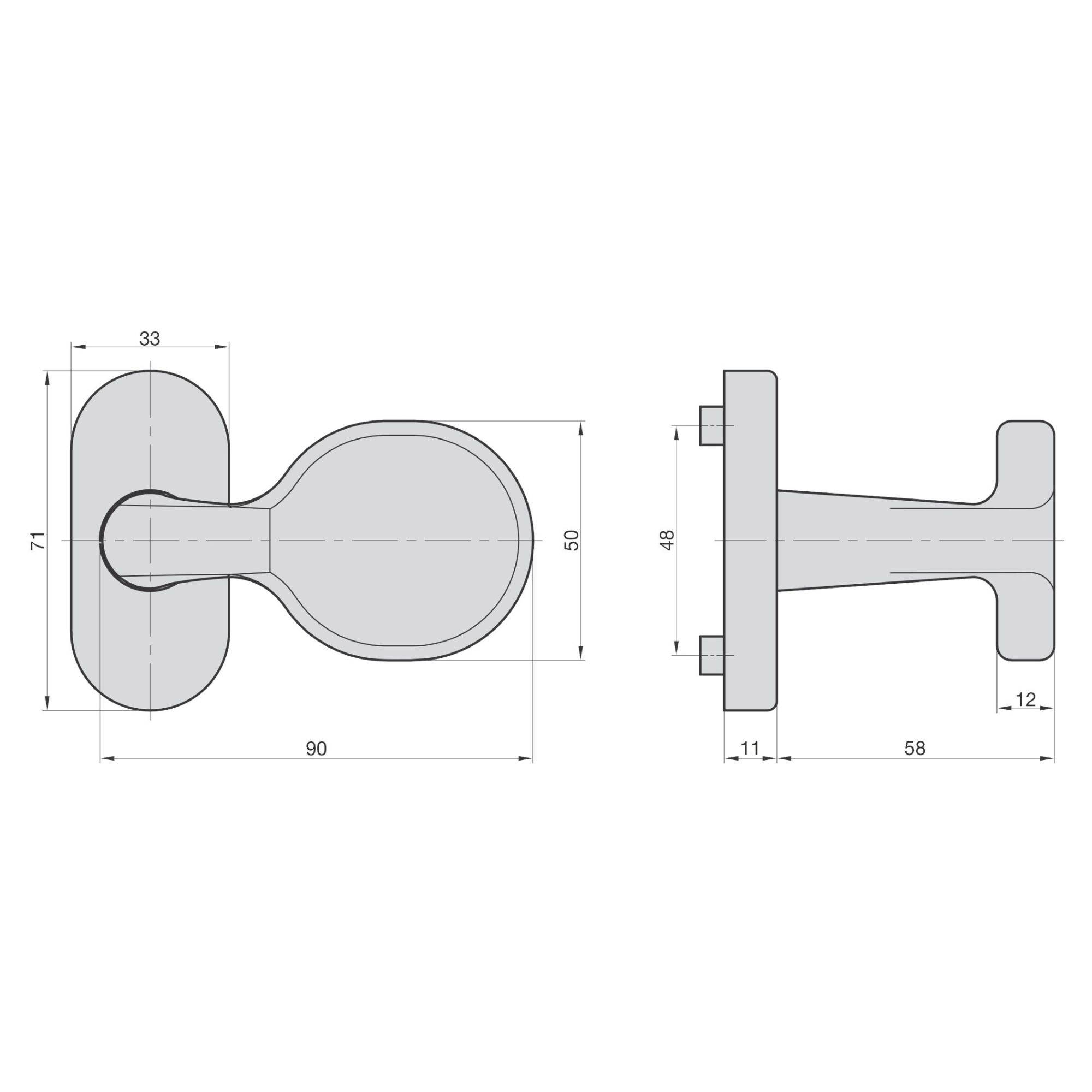 Technische Zeichnung von einem Türgriff mit seitlicher und vorderer Ansicht, inklusive Maße in Millimetern: 90x71x58.