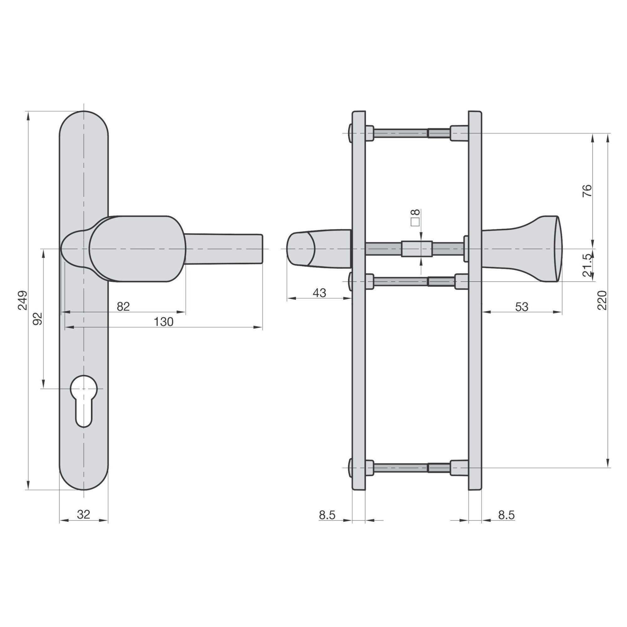 Türgriff-Schema mit technischen Maßen: Gesamtmaße 249 mm x 32 mm, Abstand 92 mm, Drückerlänge 130 mm, Rosettenstärke 8,5 mm.
