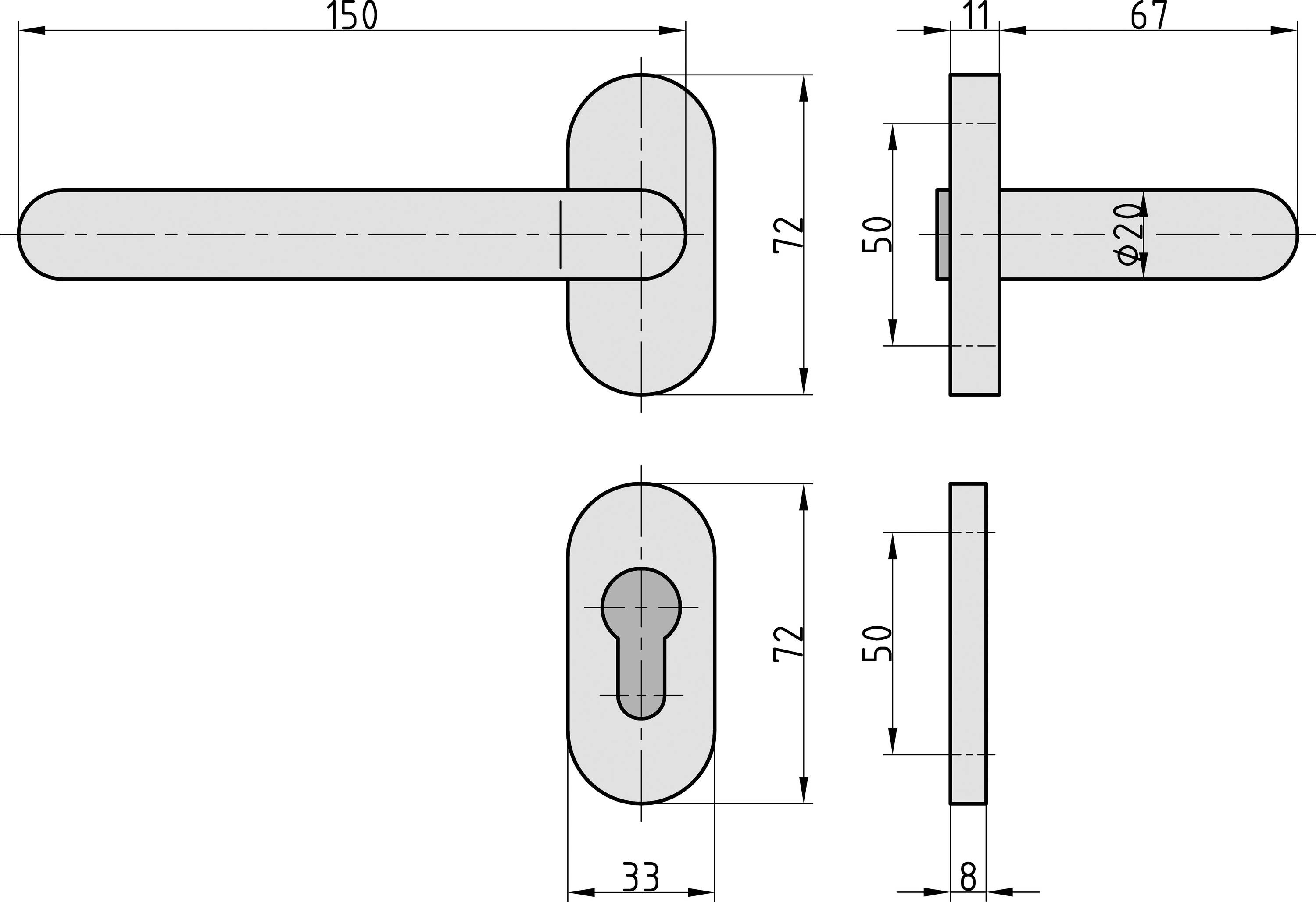 Technische Zeichnung eines Türgriffs mit Maßen: Länge 150 mm, Höhe 72 mm, Durchmesser 20 mm; Ansicht von oben und Seite dargestellt.